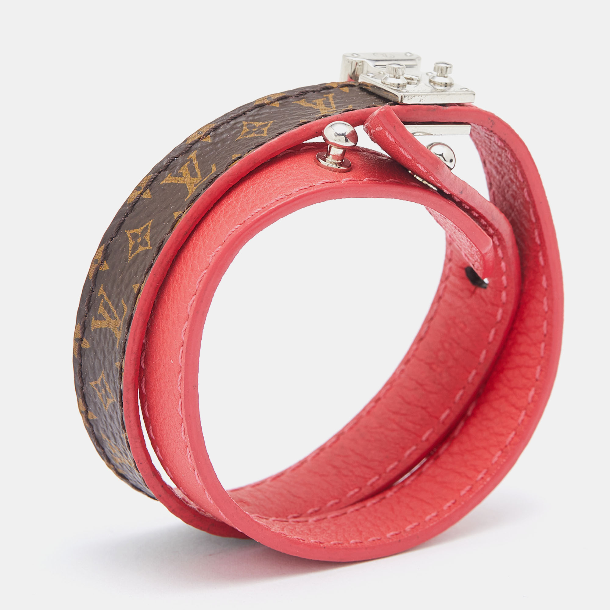 

Louis Vuitton Pink Leather & Brown Monogram Canvas Lockit Double Wrap Bracelet