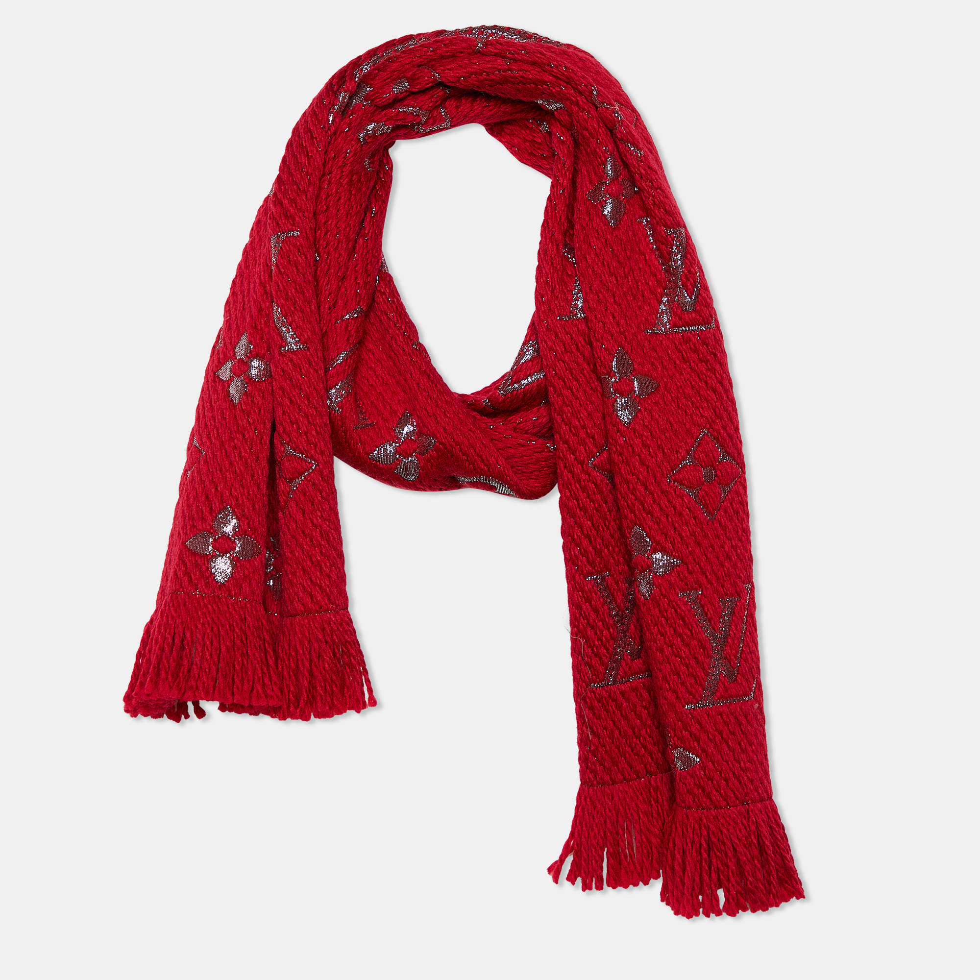 

Louis Vuitton Red Lurex Wool & Silk Logomania Fringed Scarf