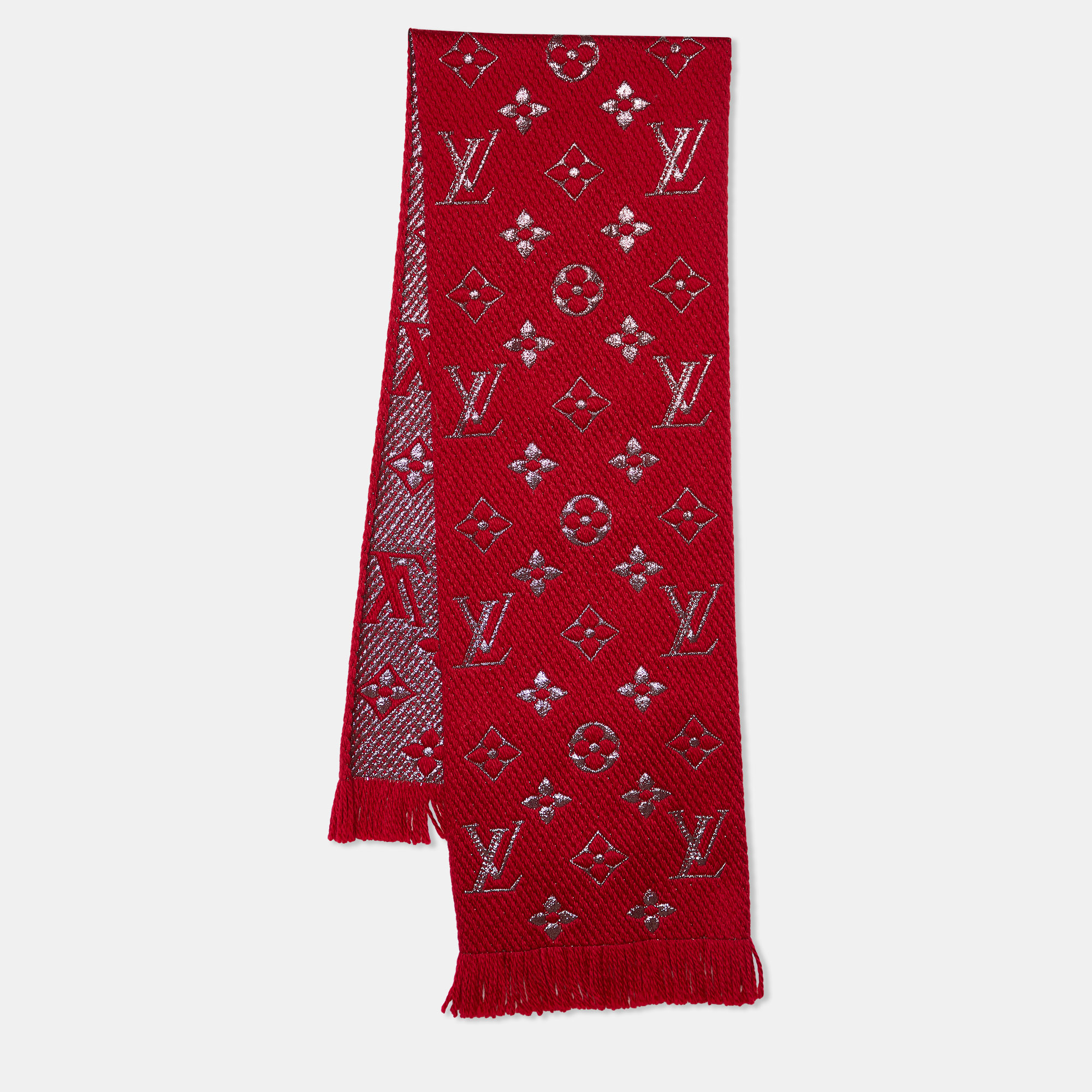 Silk Scarves Louis Vuitton Louis Vuitton Embossed Fringed Scarf in Red Wool