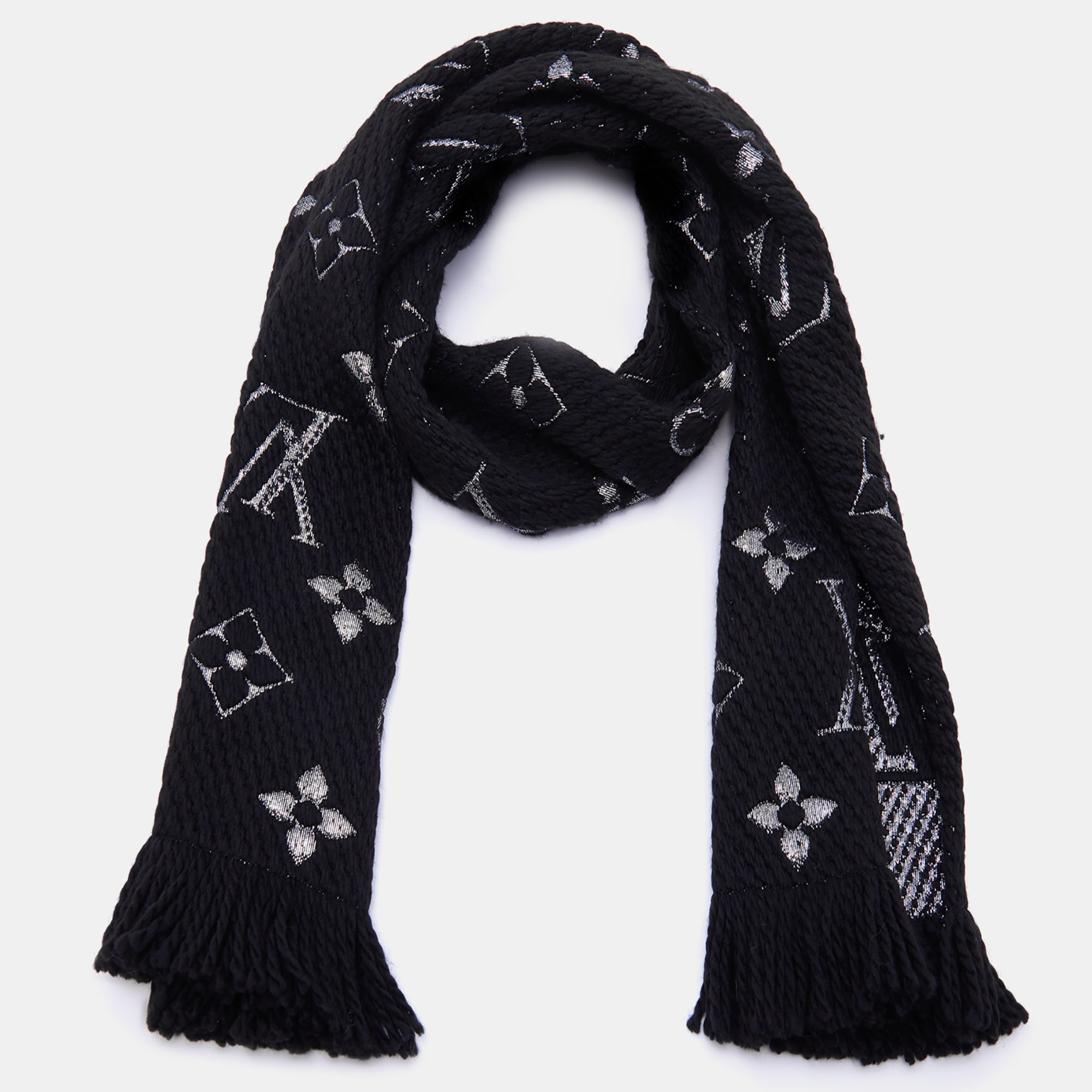 

Louis Vuitton Black Wool & Silk Logomania Shine Scarf