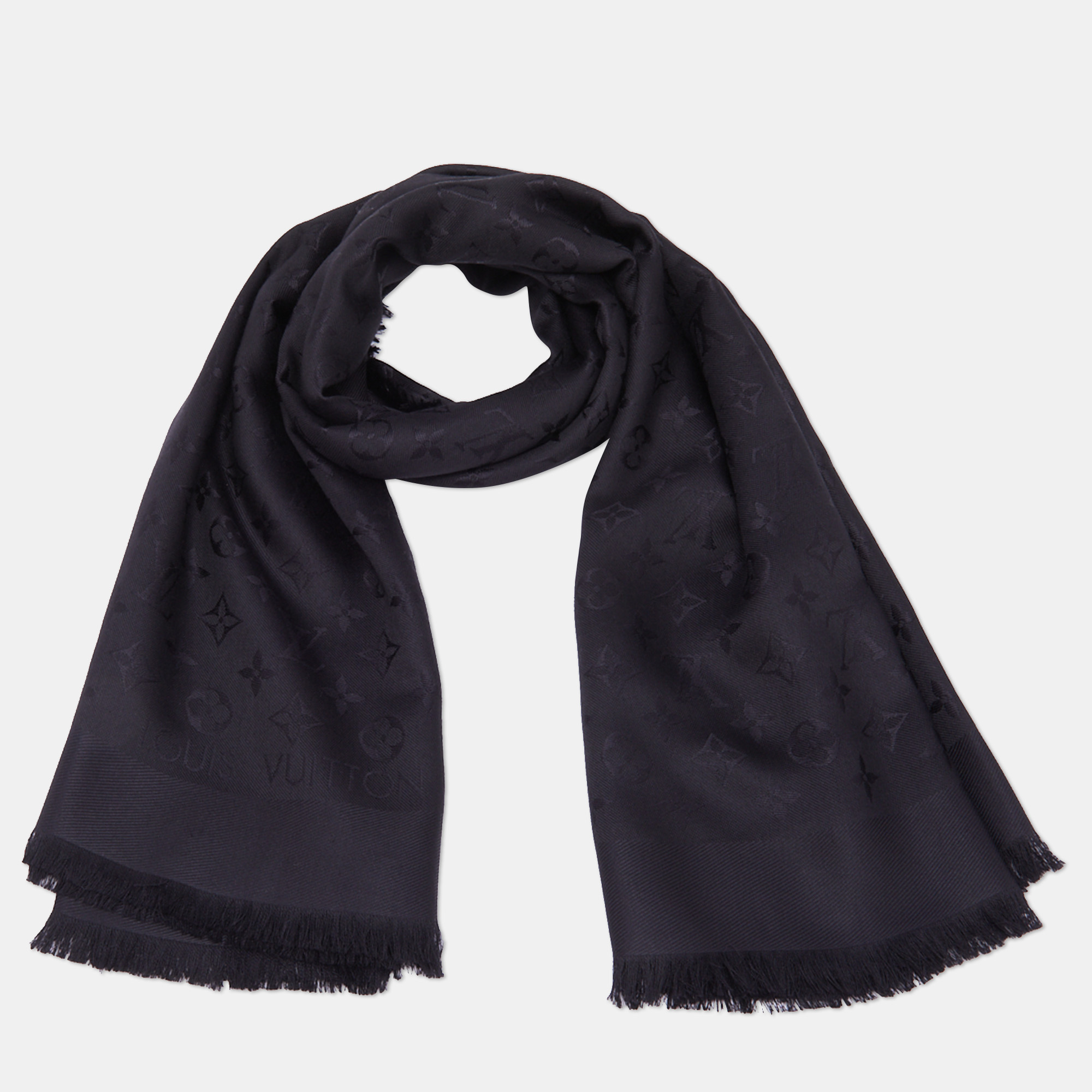 

Louis Vuitton Black Silk & Wool Classique Monogram Shawl