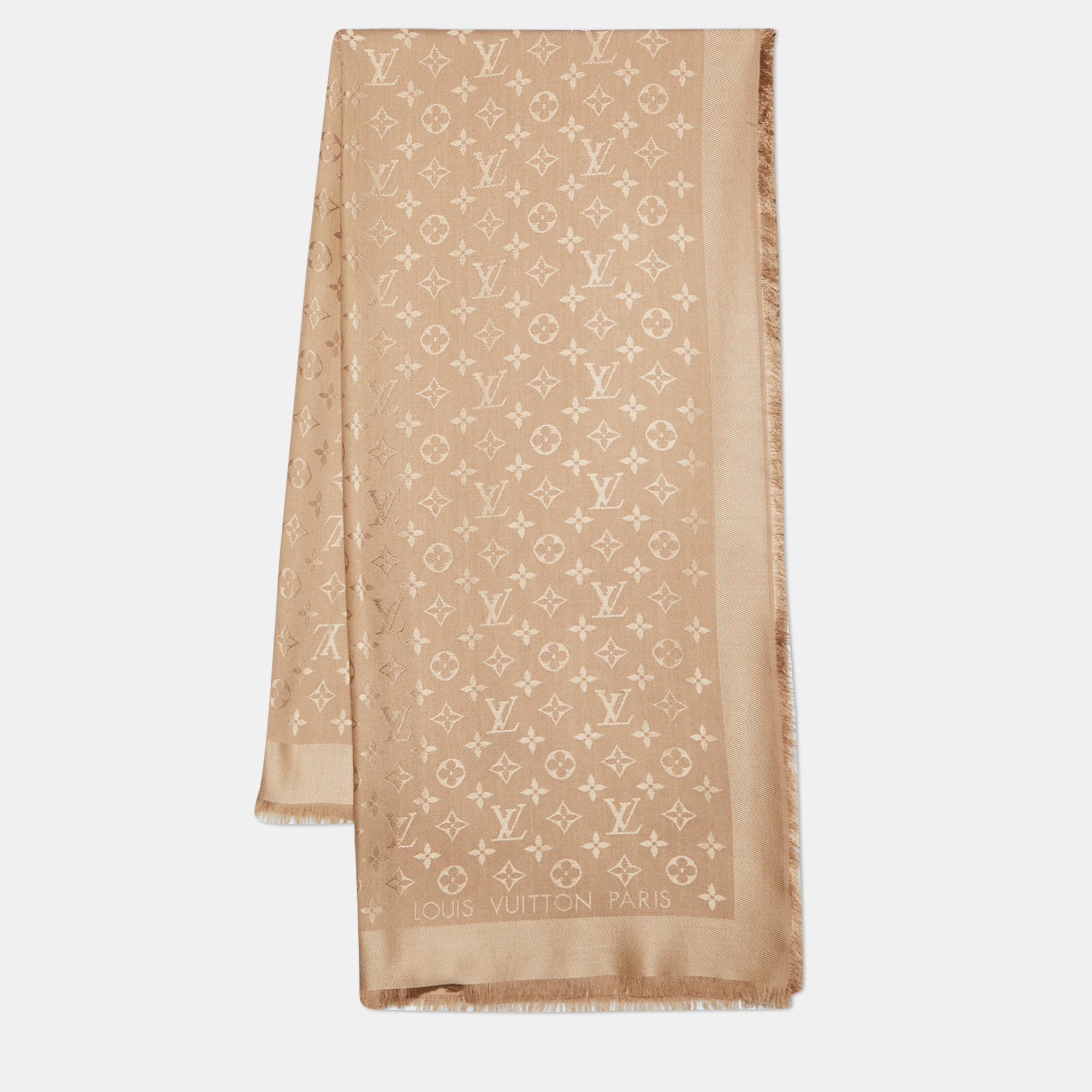 Pre Owned Louis Vuitton Cappucino Brown Monogram Silk & Wool Classique Shawl