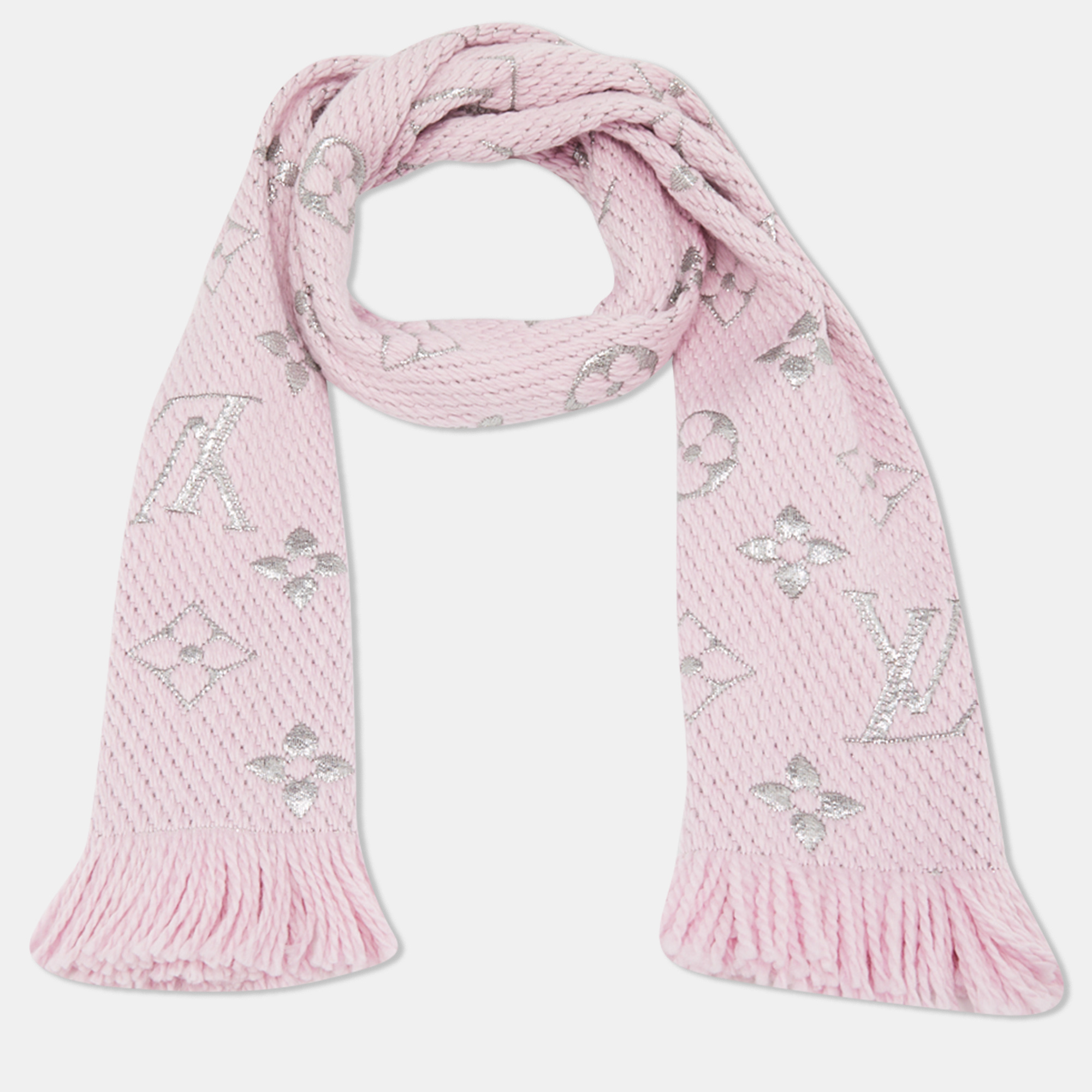 

Louis Vuitton Light Pink Lurex Silk & Wool Logomania Fringed Scarf