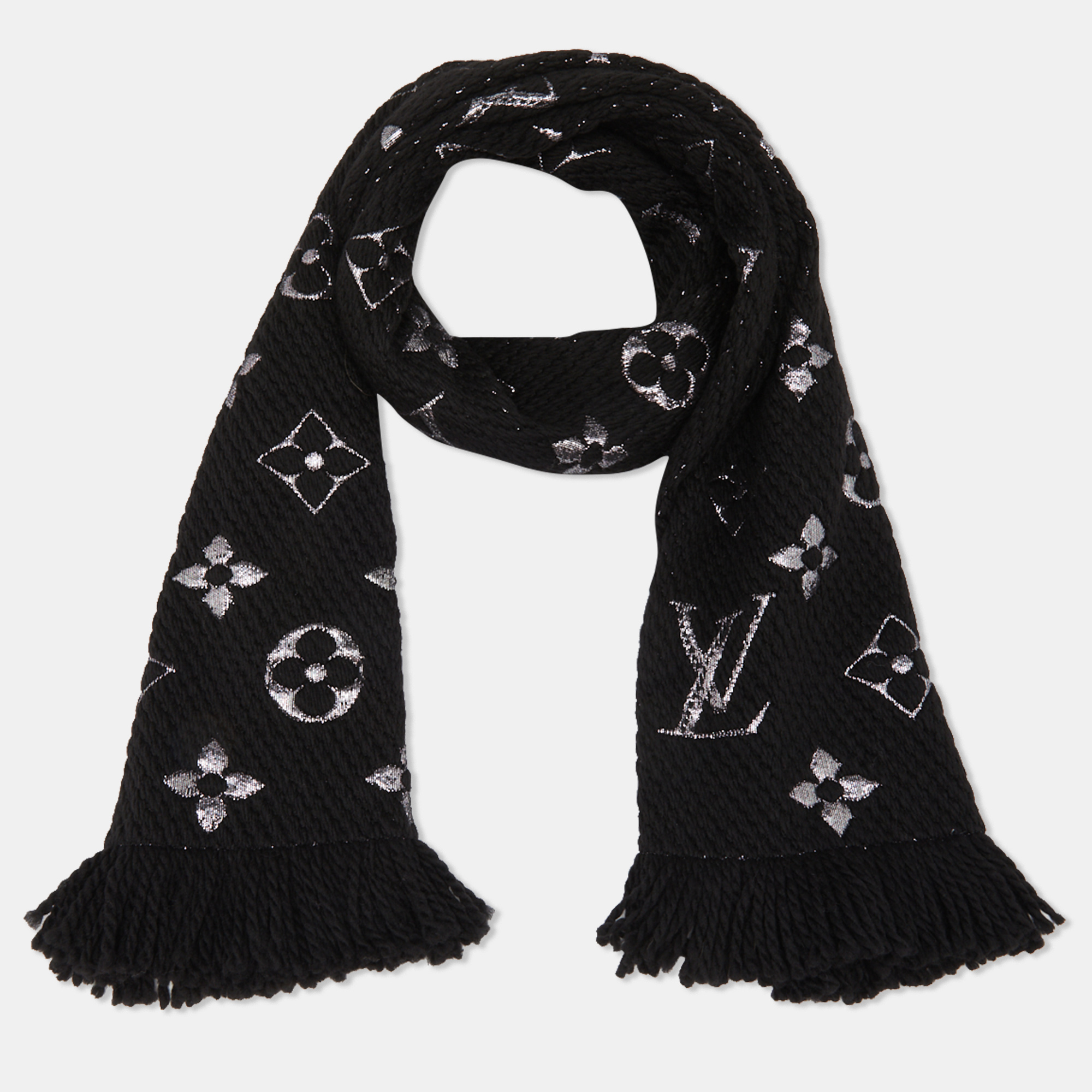 

Louis Vuitton Black Silk & Wool Logomania Shine Scarf