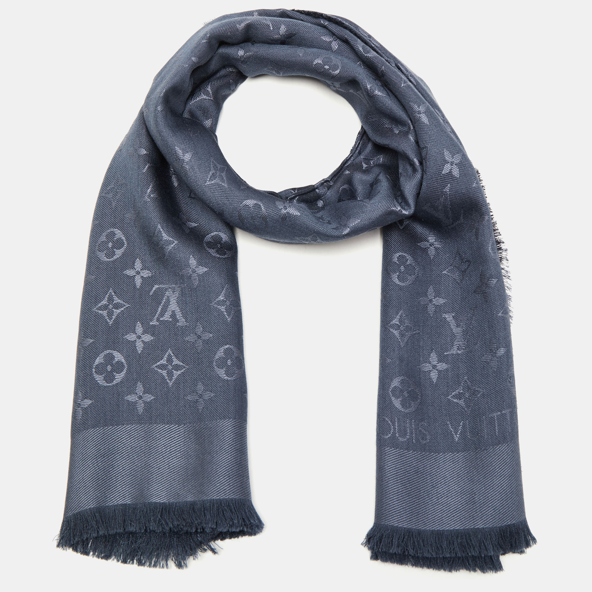 

Louis Vuitton Carbone Silk & Wool Classique Monogram Shawl, Grey