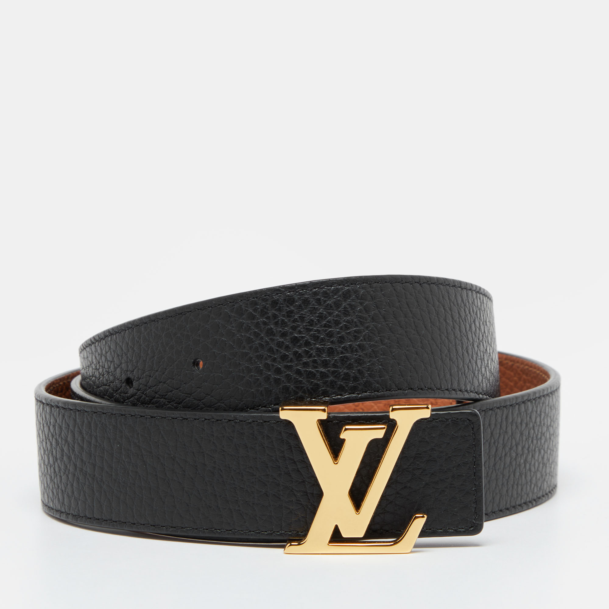 Pre Owned Louis Vuitton Black/Brown Taurillon Leather LV Initiales Reversible Belt 90CM