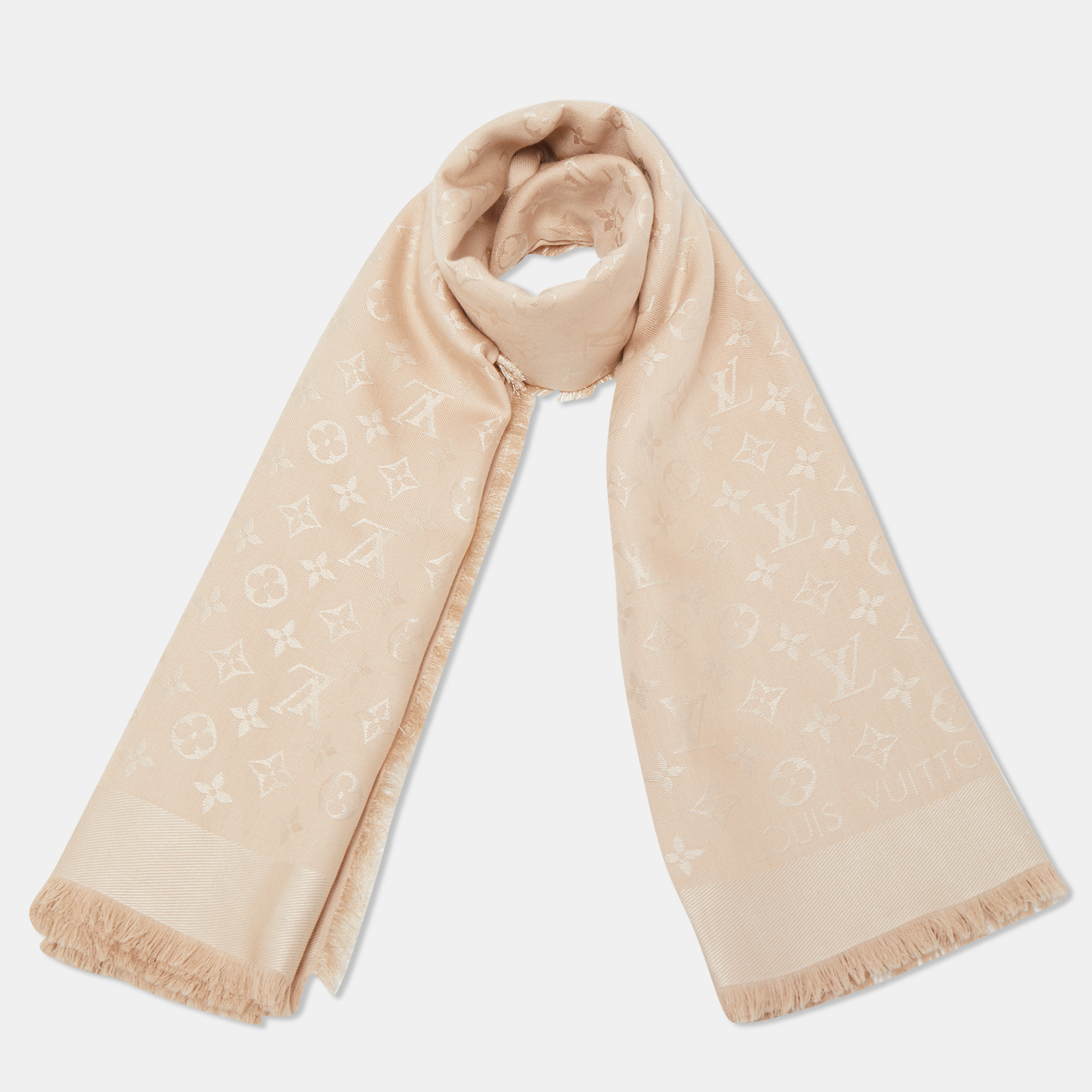 

Louis Vuitton Ecru Wool & Silk Classique Monogram Shawl, Beige