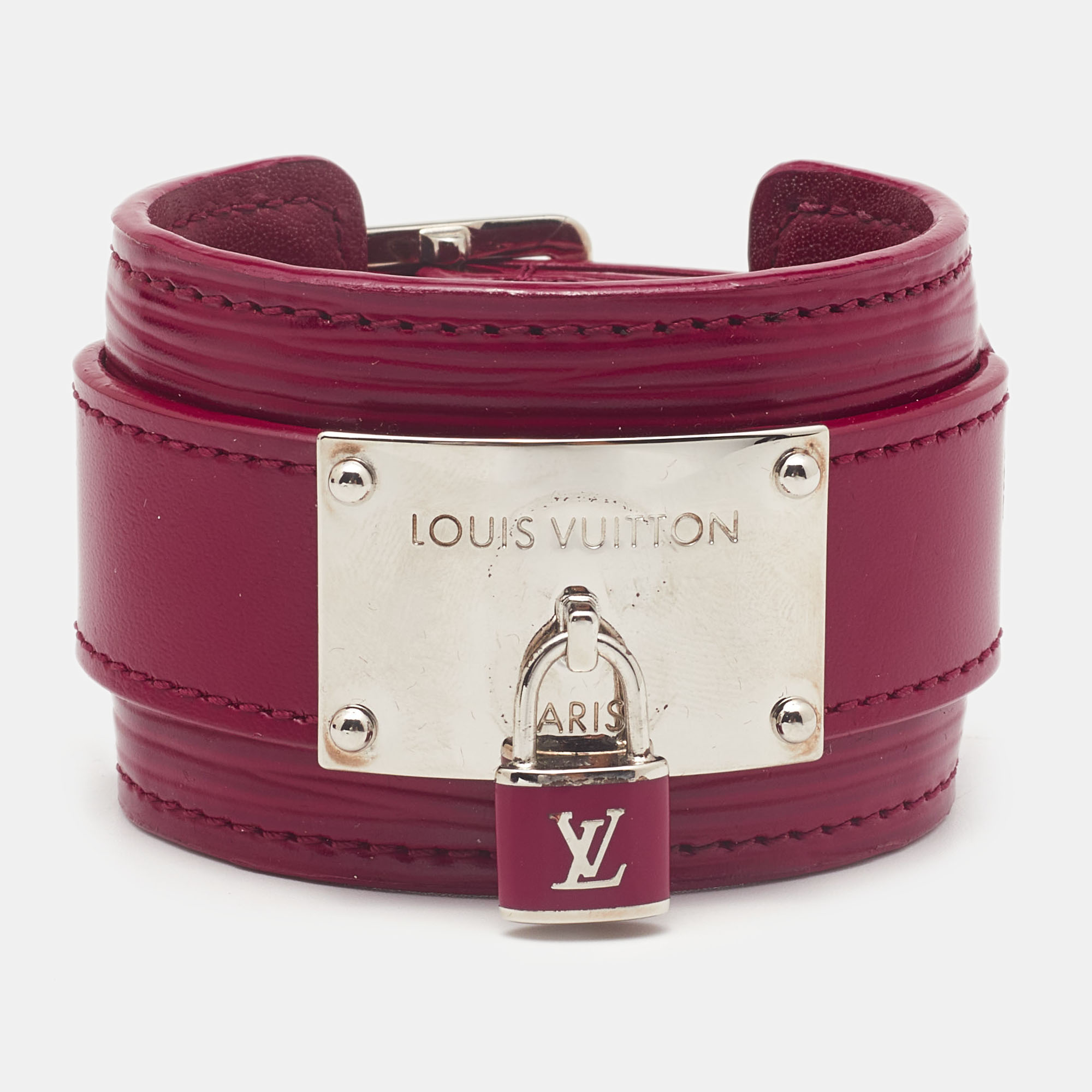 Pre-owned Louis Vuitton Fuschia Pink Vernis Infinit Gold Tone Cuff Bracelet 17