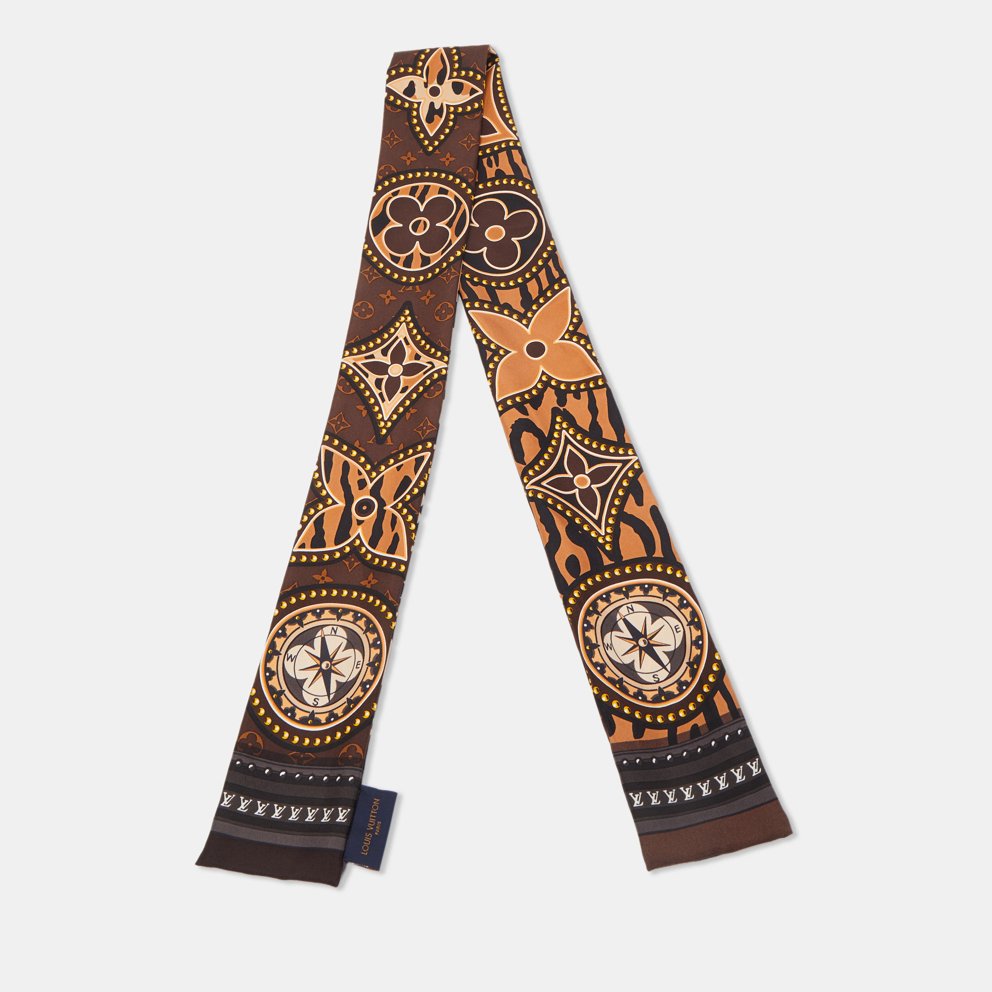 Pre Owned Louis Vuitton Brown Logo Printed Silk Bandeau Scarf