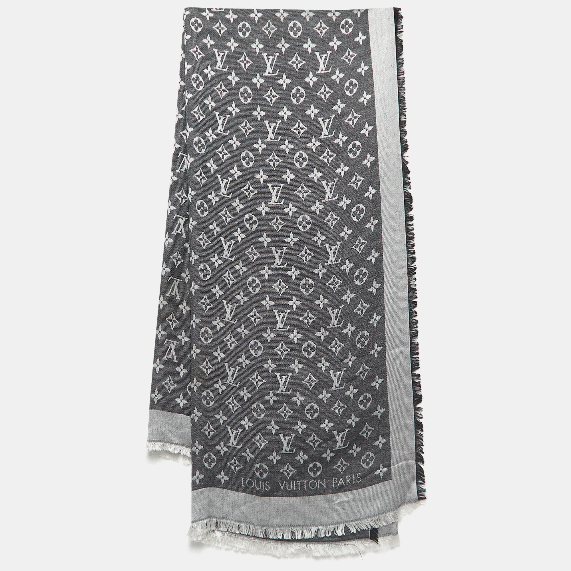 LOUIS VUITTON Wool Silk Monogram Denim Shawl Black 189353