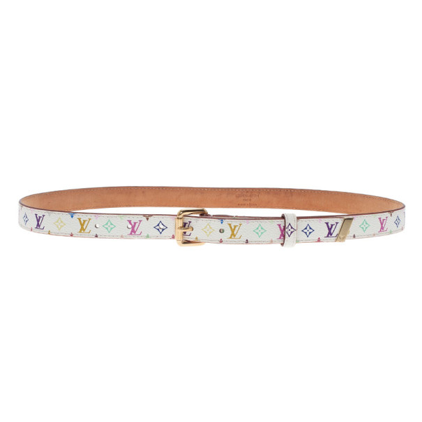 Pre Owned Louis Vuitton White Multicolor Monogram Canvas Skinny Belt 80CM