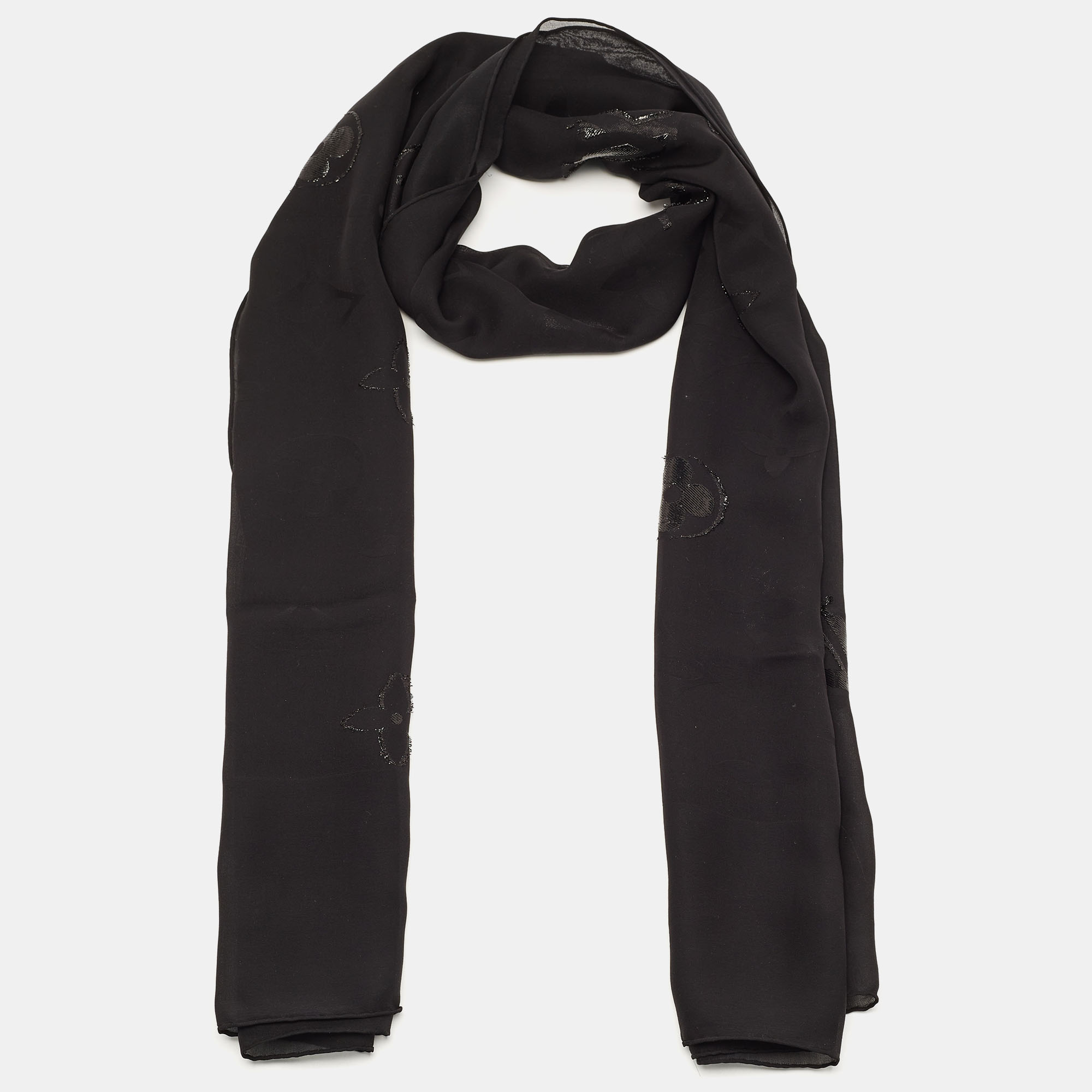 

Louis Vuitton Black Monogram Lurex Sheer Thread Silk Scarf