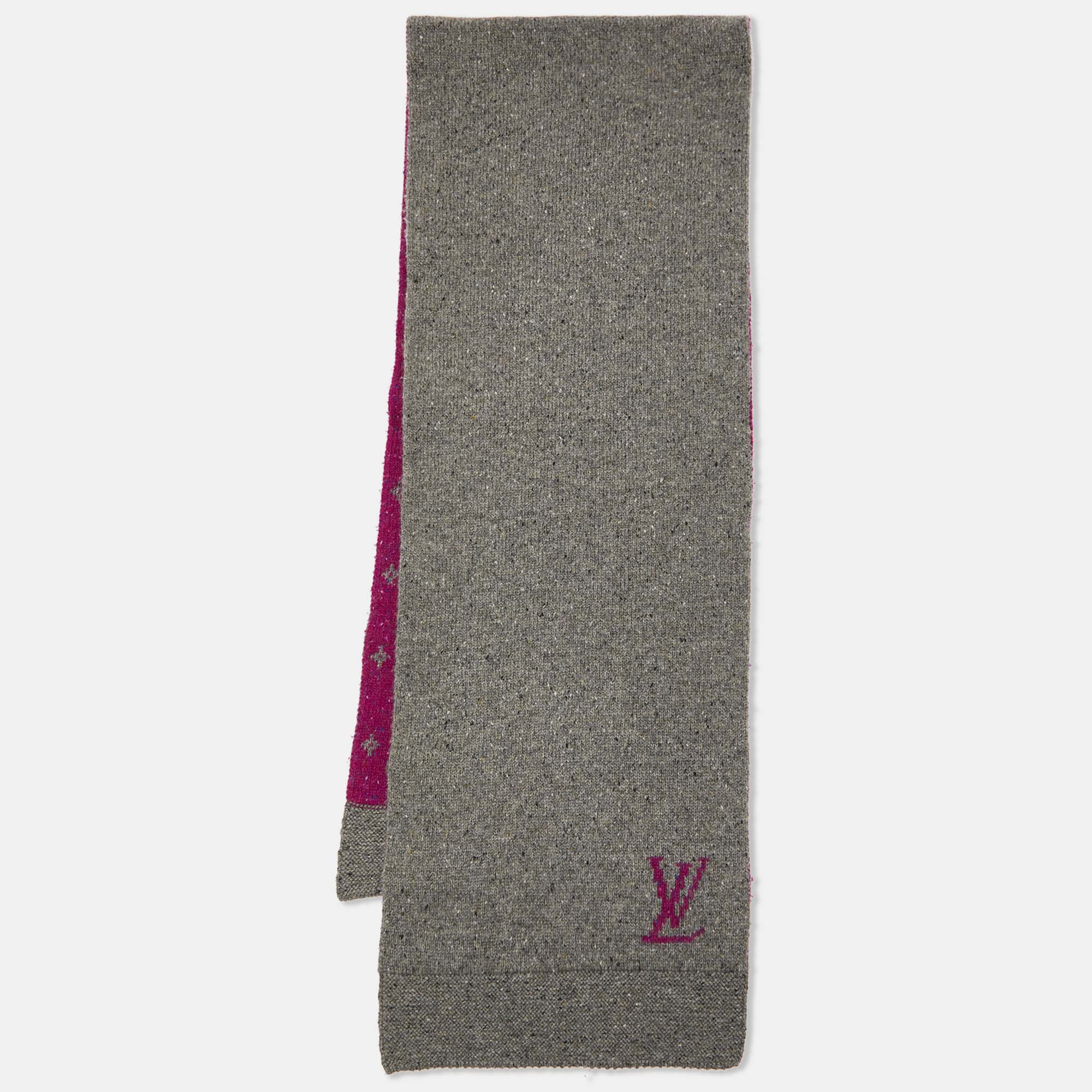 Pre-owned Louis Vuitton Grey/purple Monogram Cashmere Blend Reversible Muffler