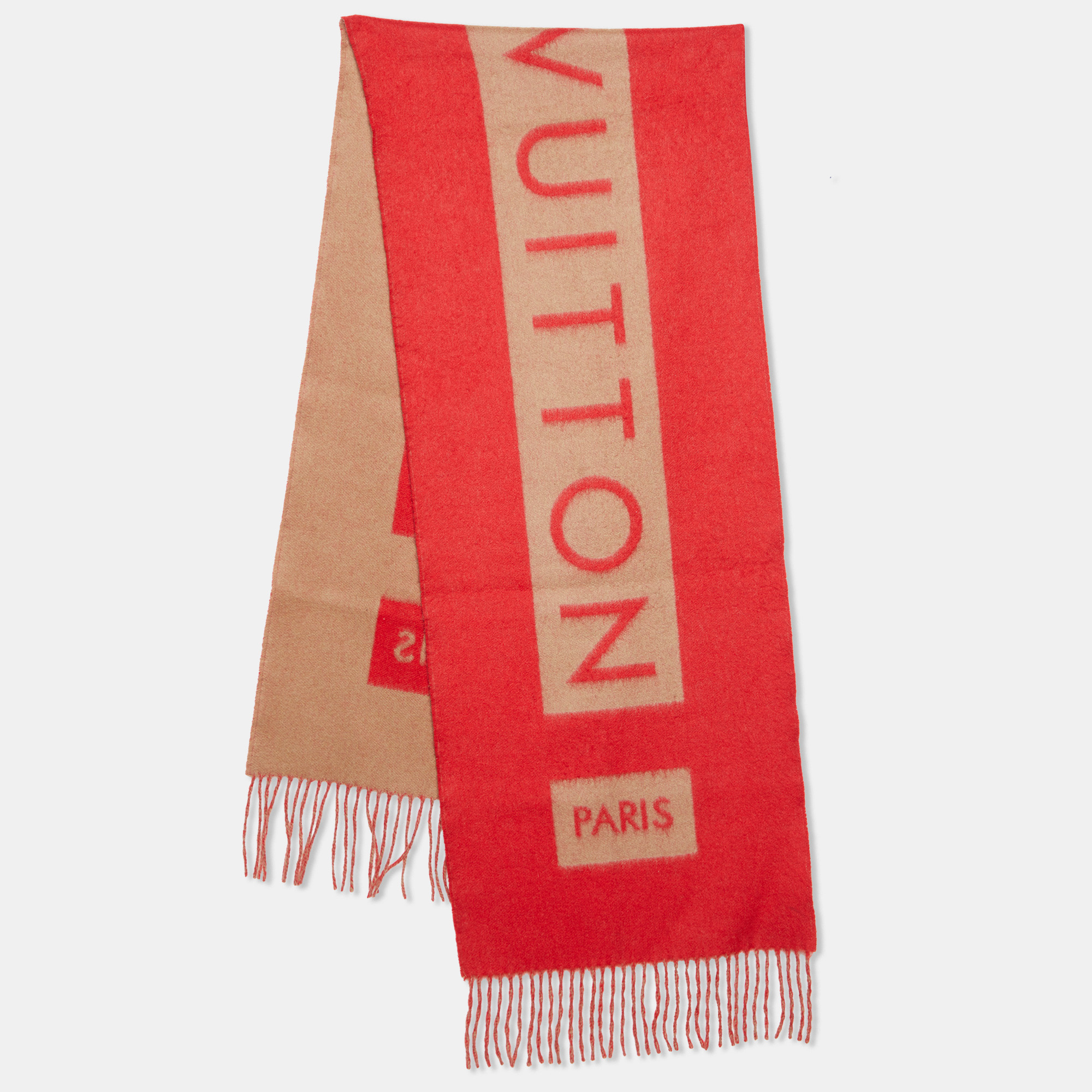 Pre-owned Louis Vuitton Red/brown Logo Cashmere Baroda Muffler