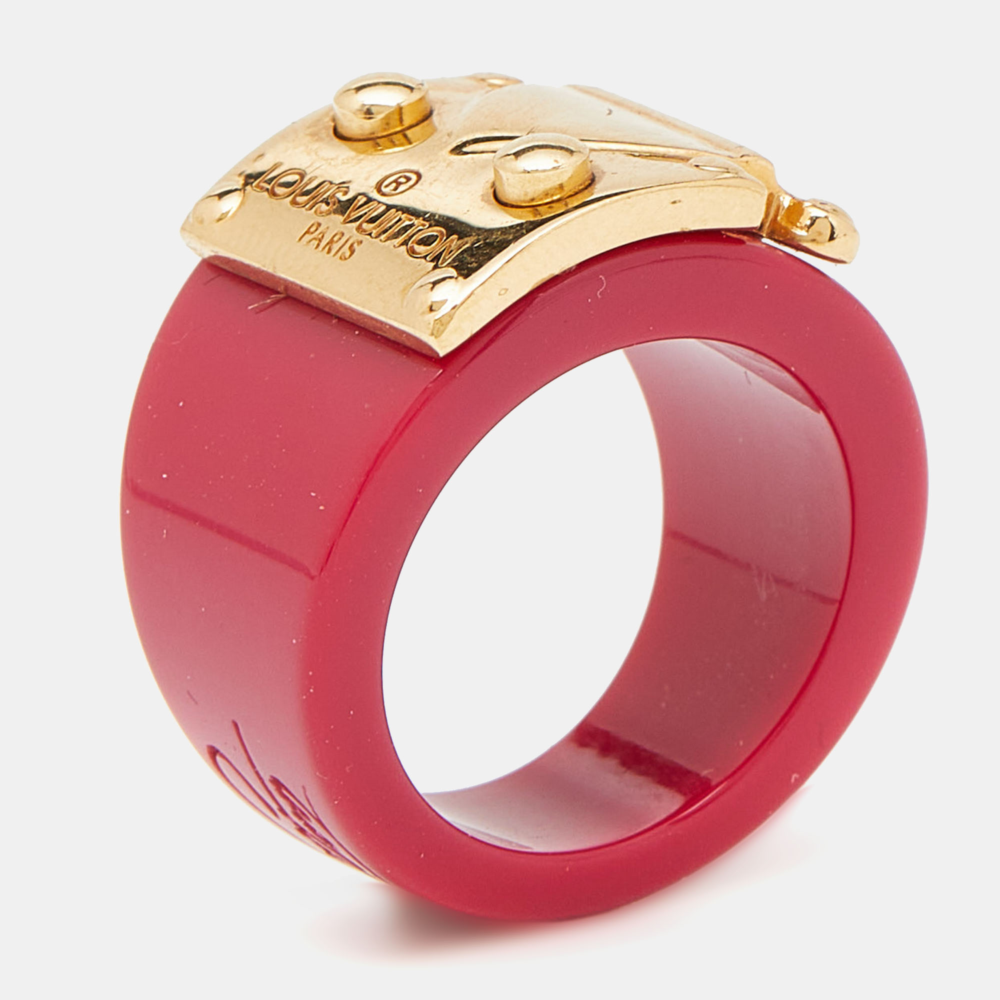 Pre-owned Louis Vuitton Fuchsia Resin Lock Me Gold Tone Ring Size 53/m