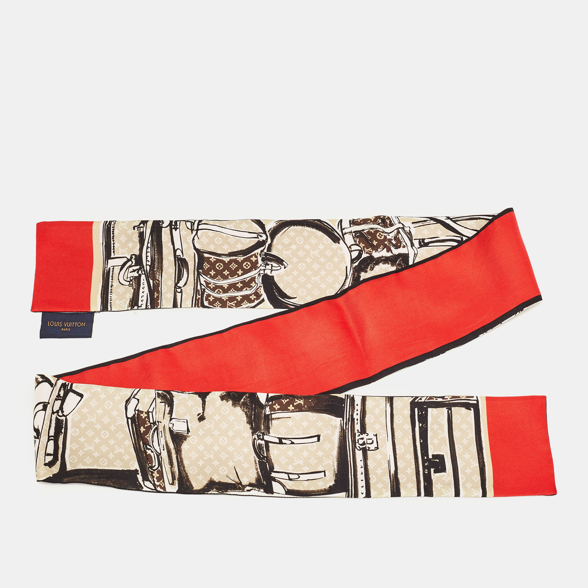 

Louis Vuitton Red Monogram Trunks Print Silk Bandeau Scarf, Multicolor