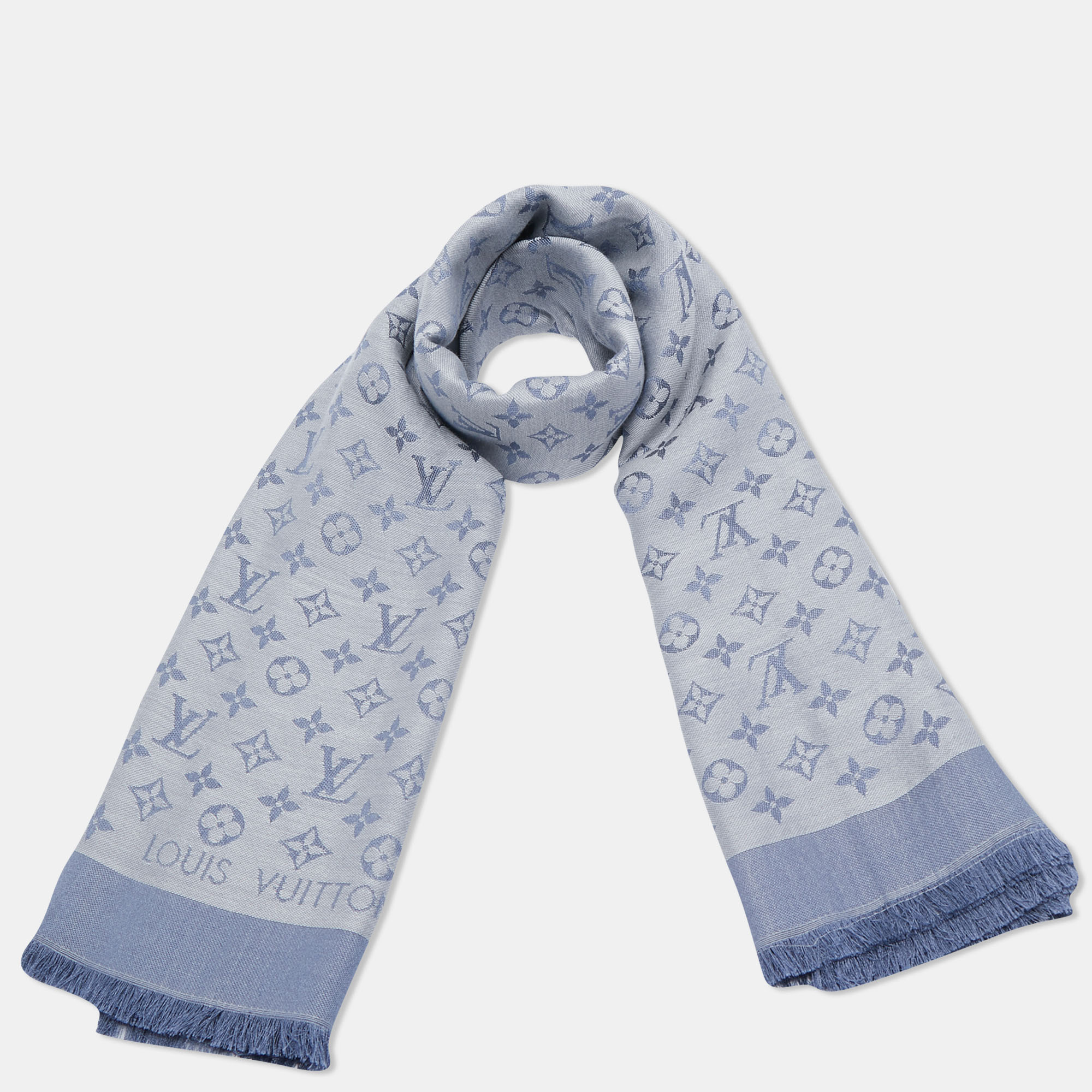 

Louis Vuitton Blue Monogram Denim Wool and Silk Shawl