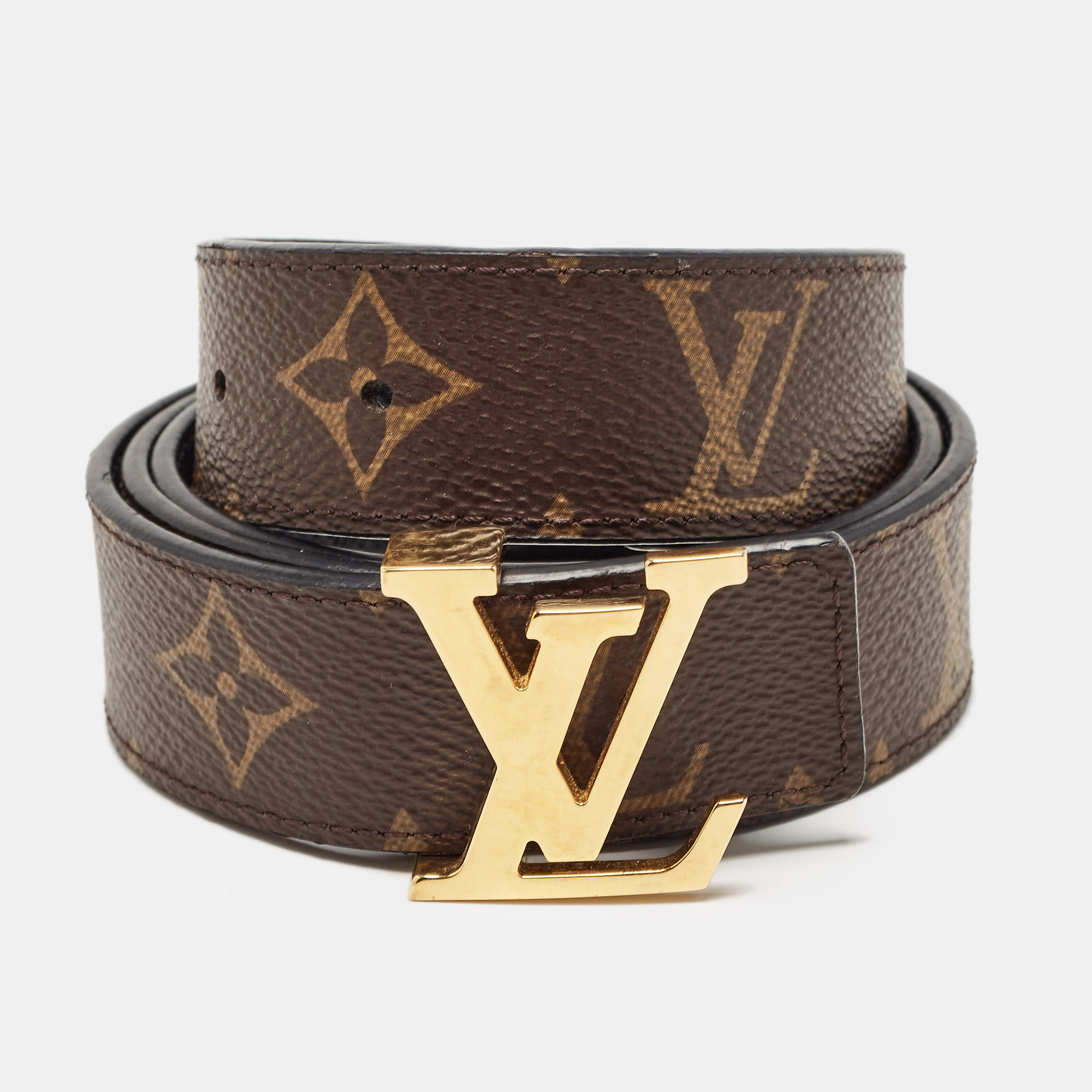 Pre Owned Louis Vuitton Black Monogram Canvas and Leather LV Initiales Reversible Belt 90CM