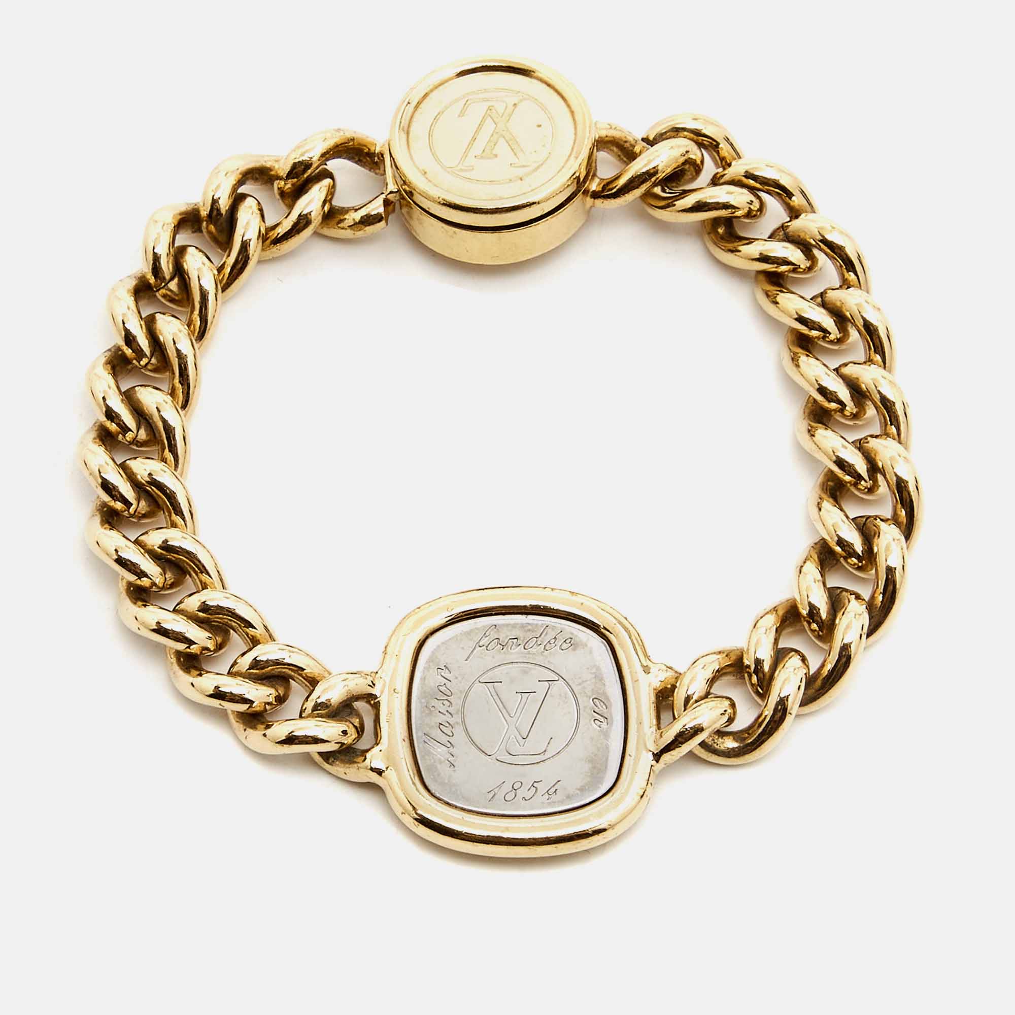 

Louis Vuitton Maison Fondée en 1854 Curb Chain Two Tone Bracelet, Gold