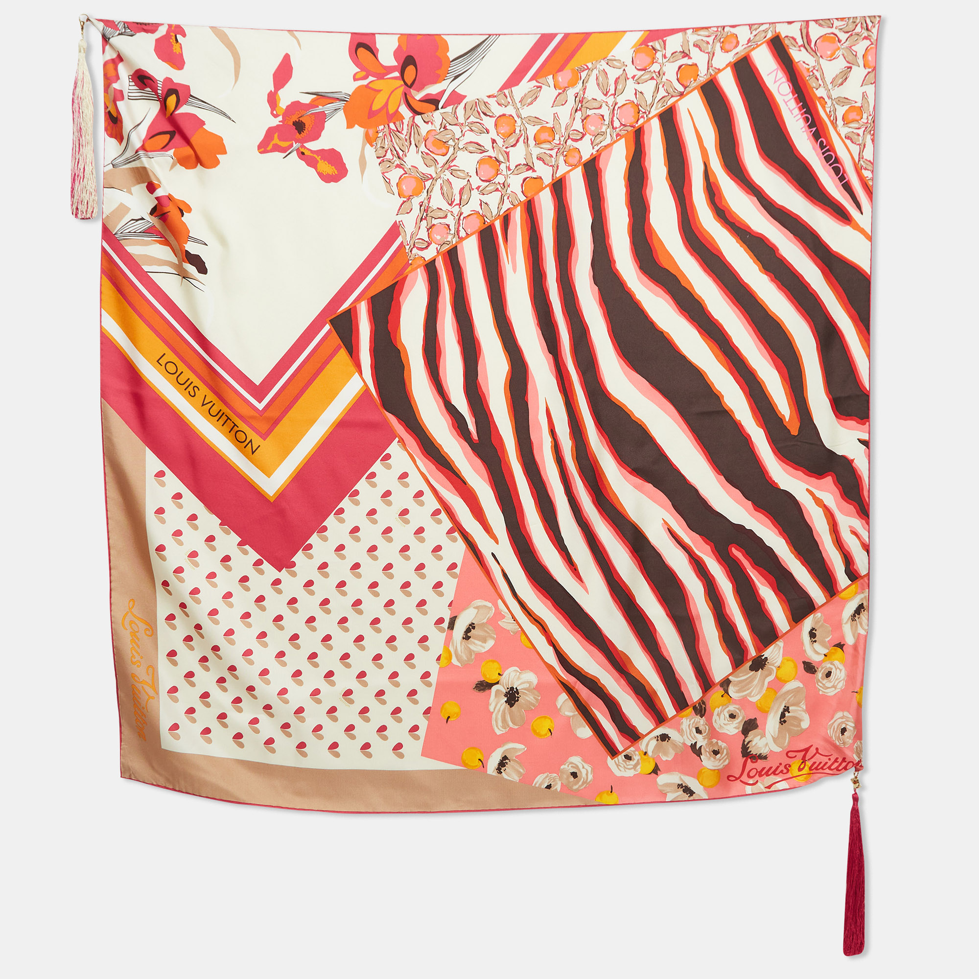 

Louis Vuitton Limited Edition Pink Printed Tassel Silk Scarf