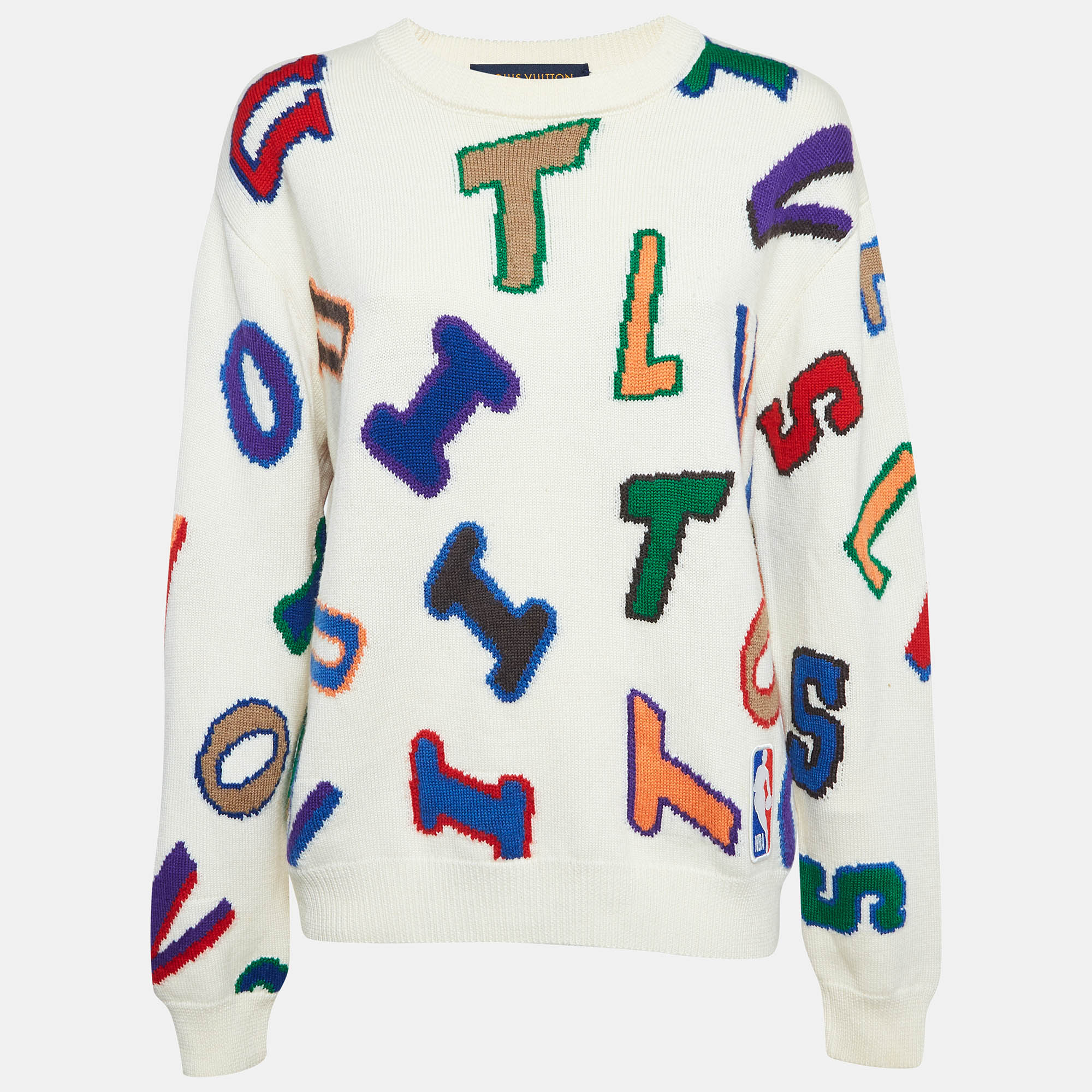 The Louis Vuitton X NBA sweater is a comfortable and stylish outerwear piece. Crafted from knit wool it features a dynamic print of multicolored letters combining luxury fashion with the energetic aesthetic of the NBA.