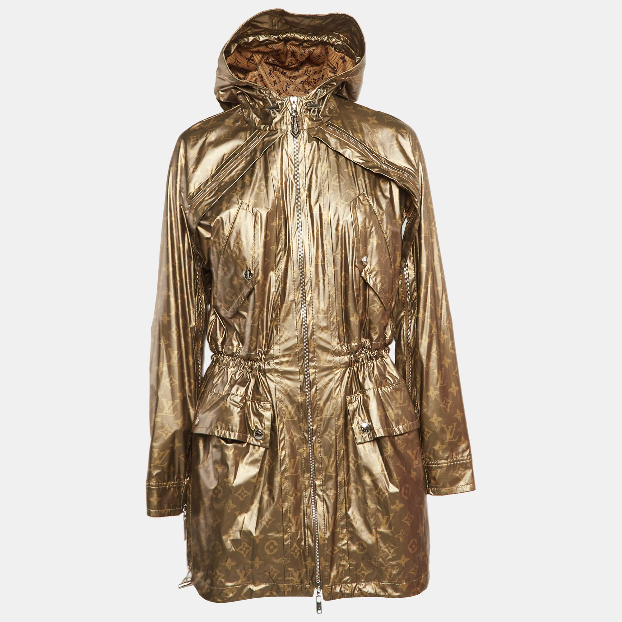 

Louis Vuitton Metallic Monogram Print Modal Hooded Parka Coat S, Gold