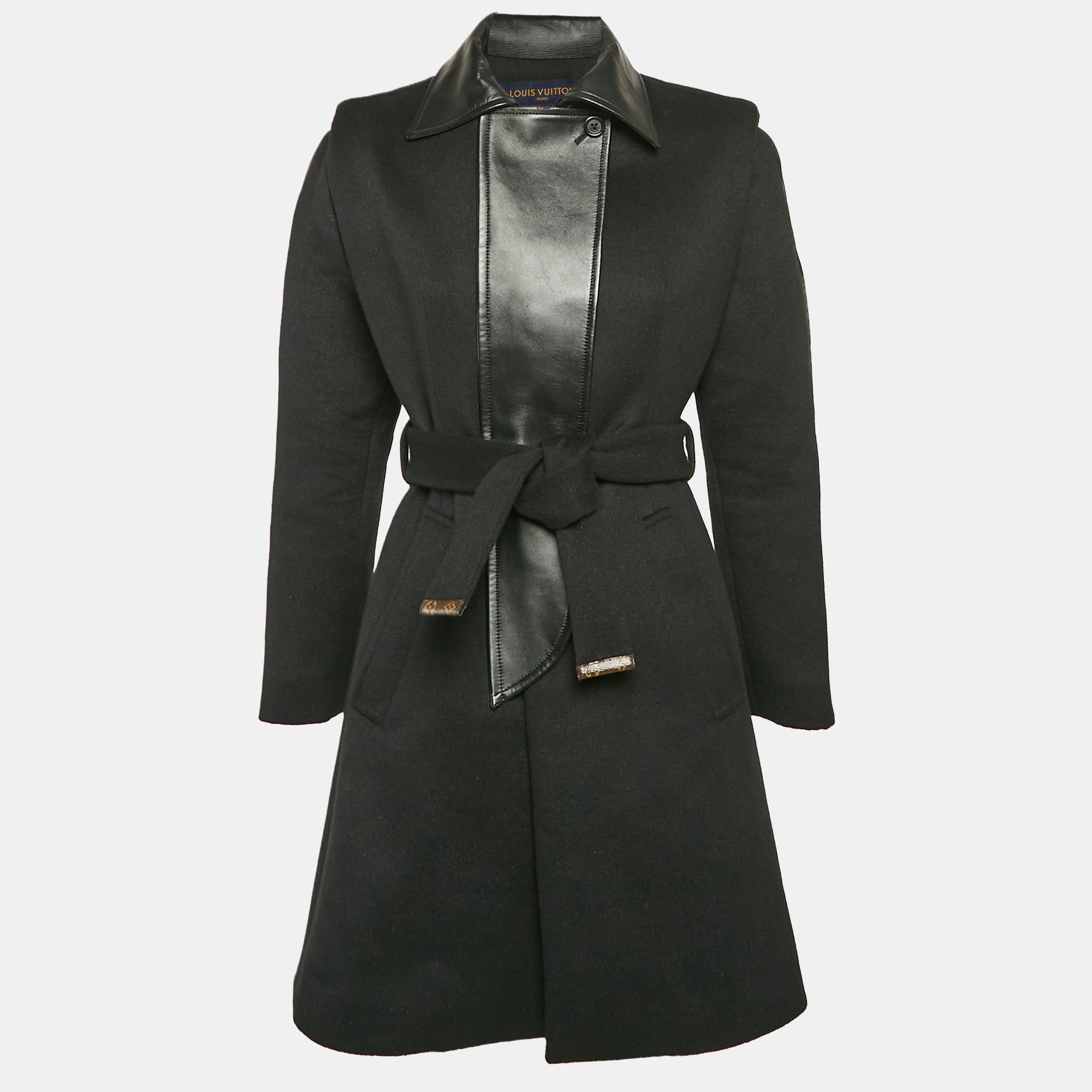 

Louis Vuitton Black Felt and Leather Belted Coat S