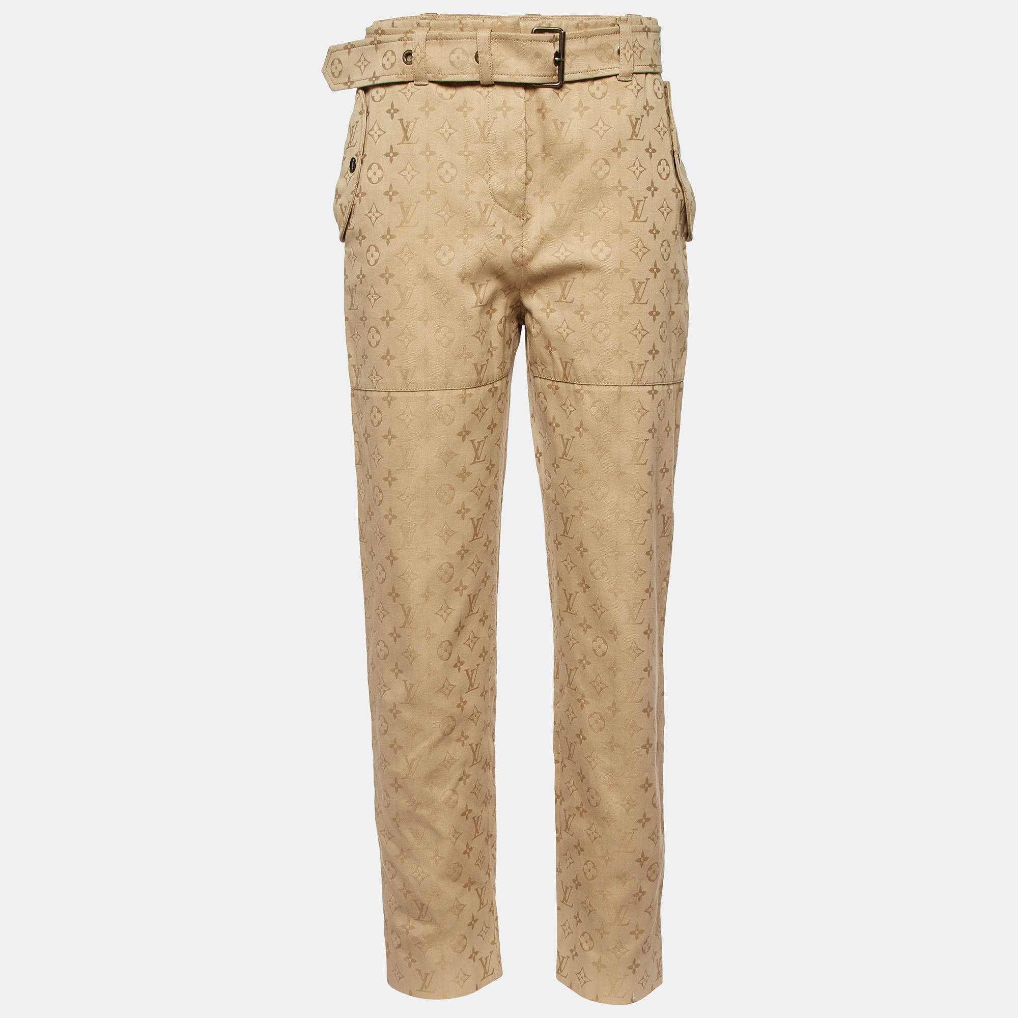 

Louis Vuitton Beige Monogram Jacquard Cotton Belted Trousers M