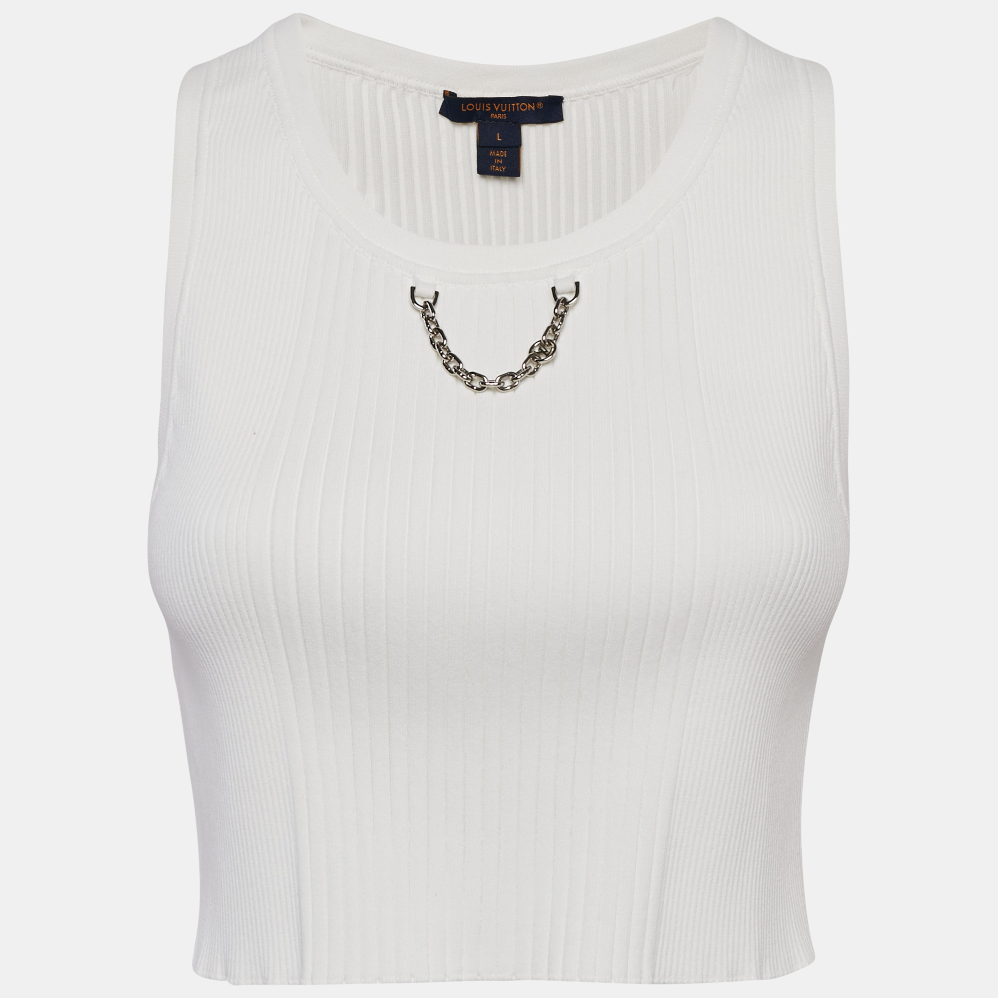 

Louis Vuitton White Rib Knit Chain Detail Tank Top L