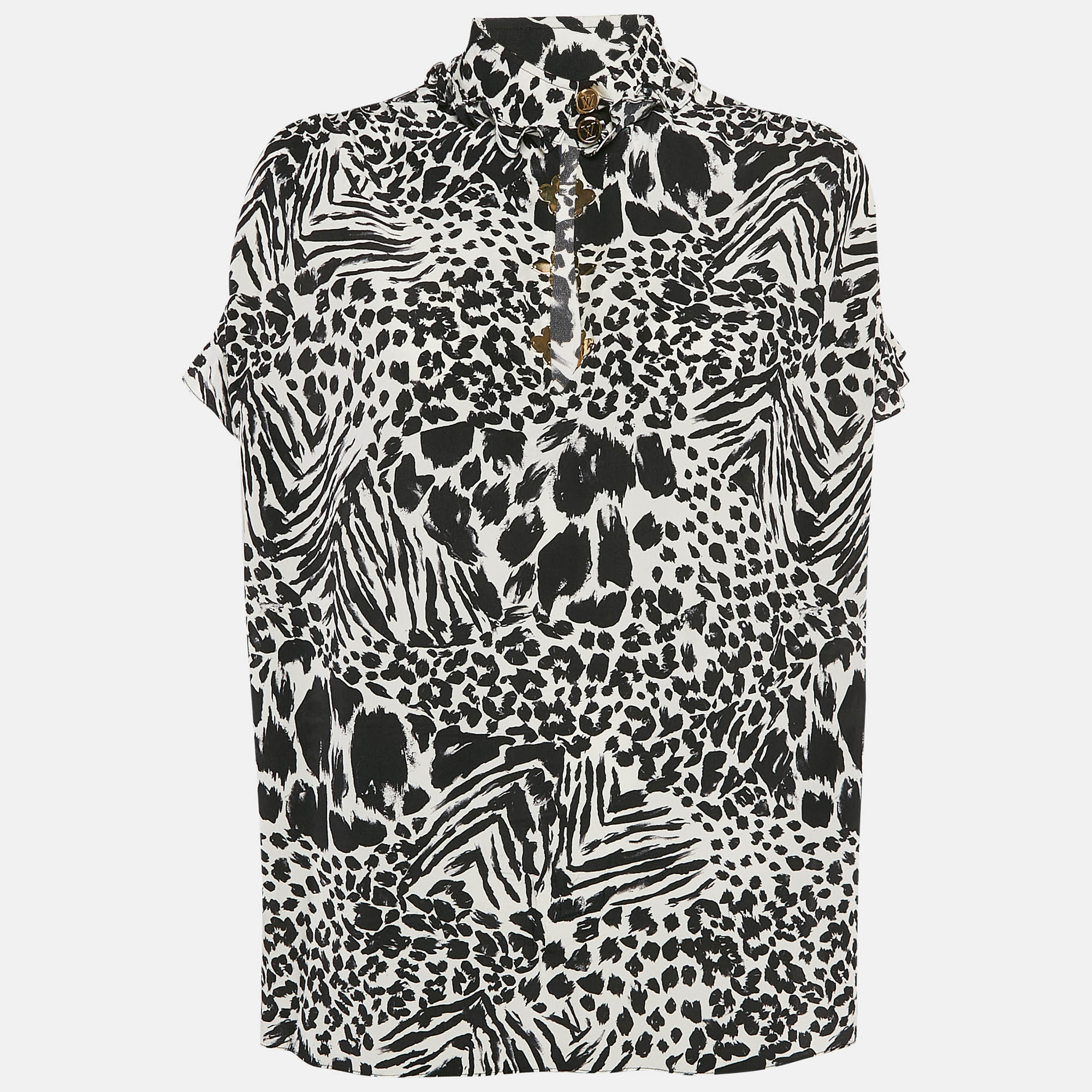 

Louis Vuitton Black/White Printed Silk Metal Neck Detail Top M