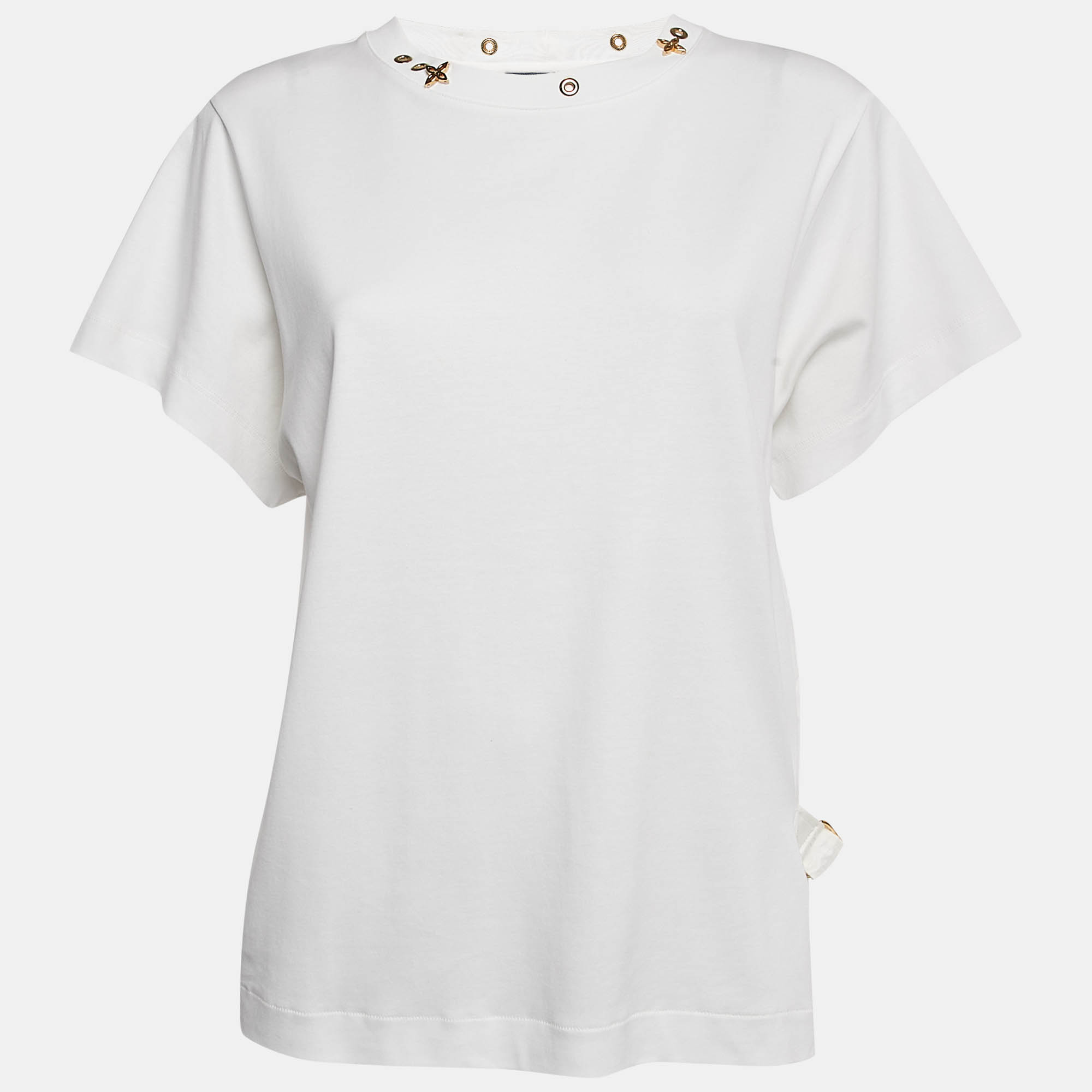 

Louis Vuitton White Cotton Knit Neck Detail Top L