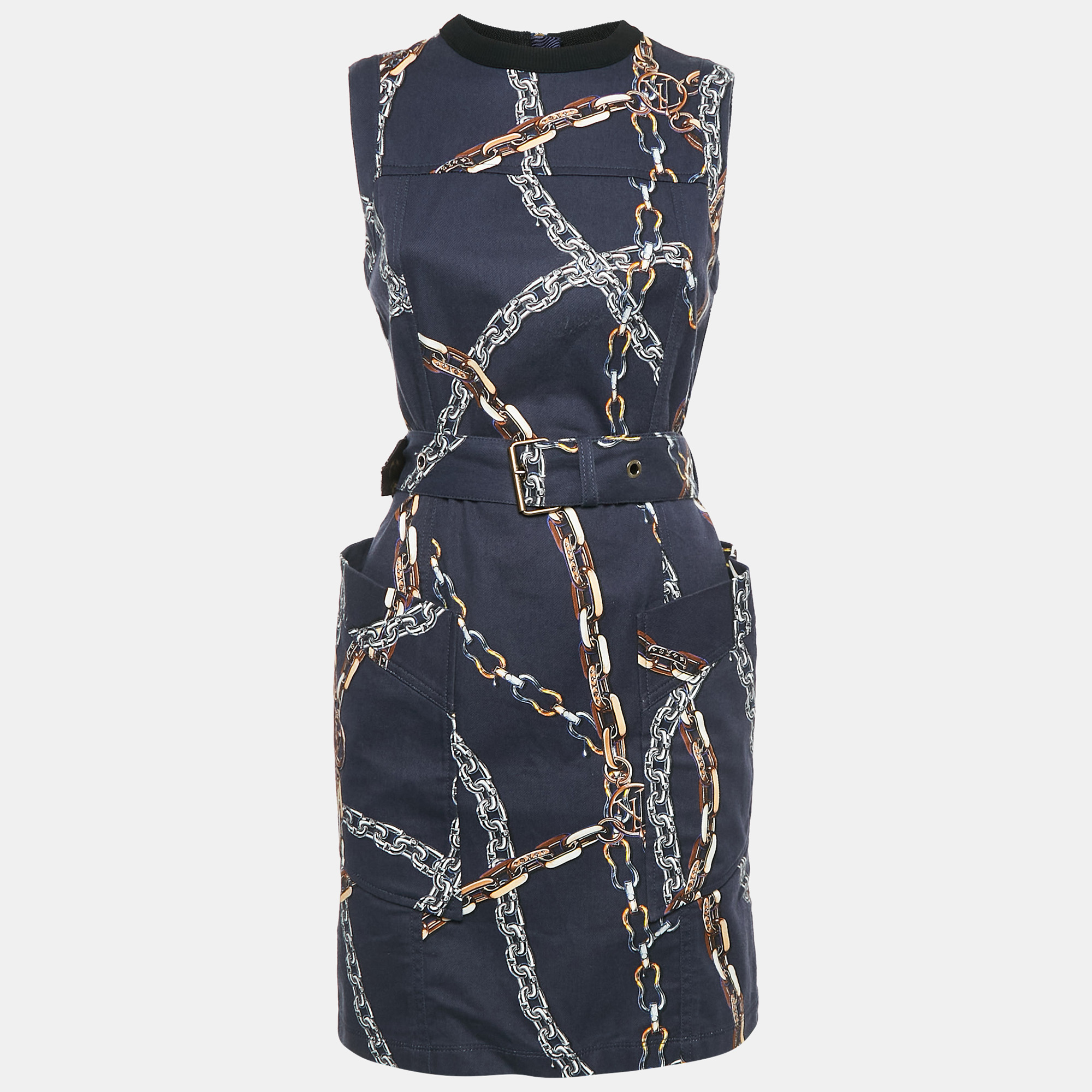 

Louis Vuitton Navy Blue Chain Print Cotton Belted Mini Dress S