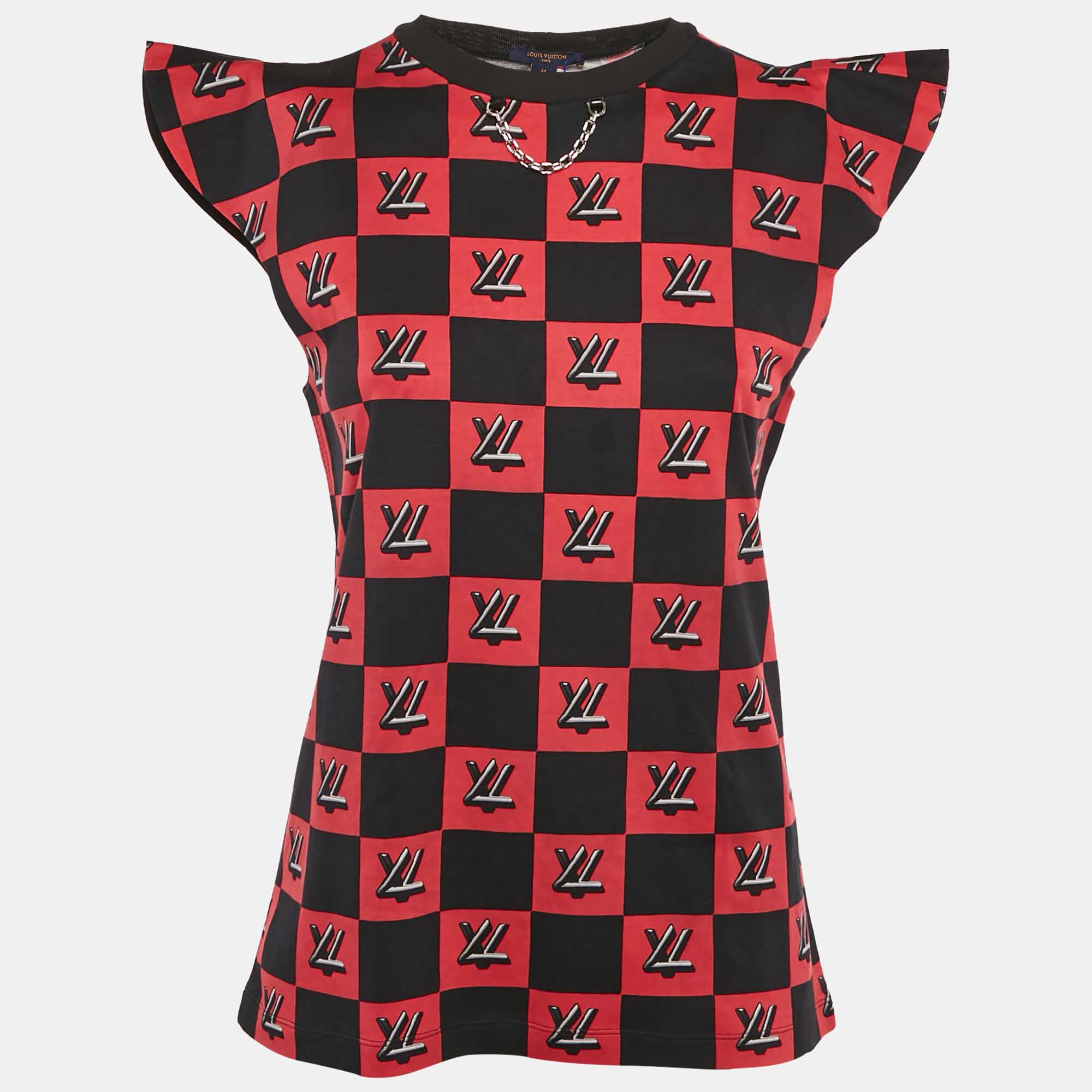 

Louis Vuitton Black/Red Logo Checkered Jersey Cap Sleeve Top M