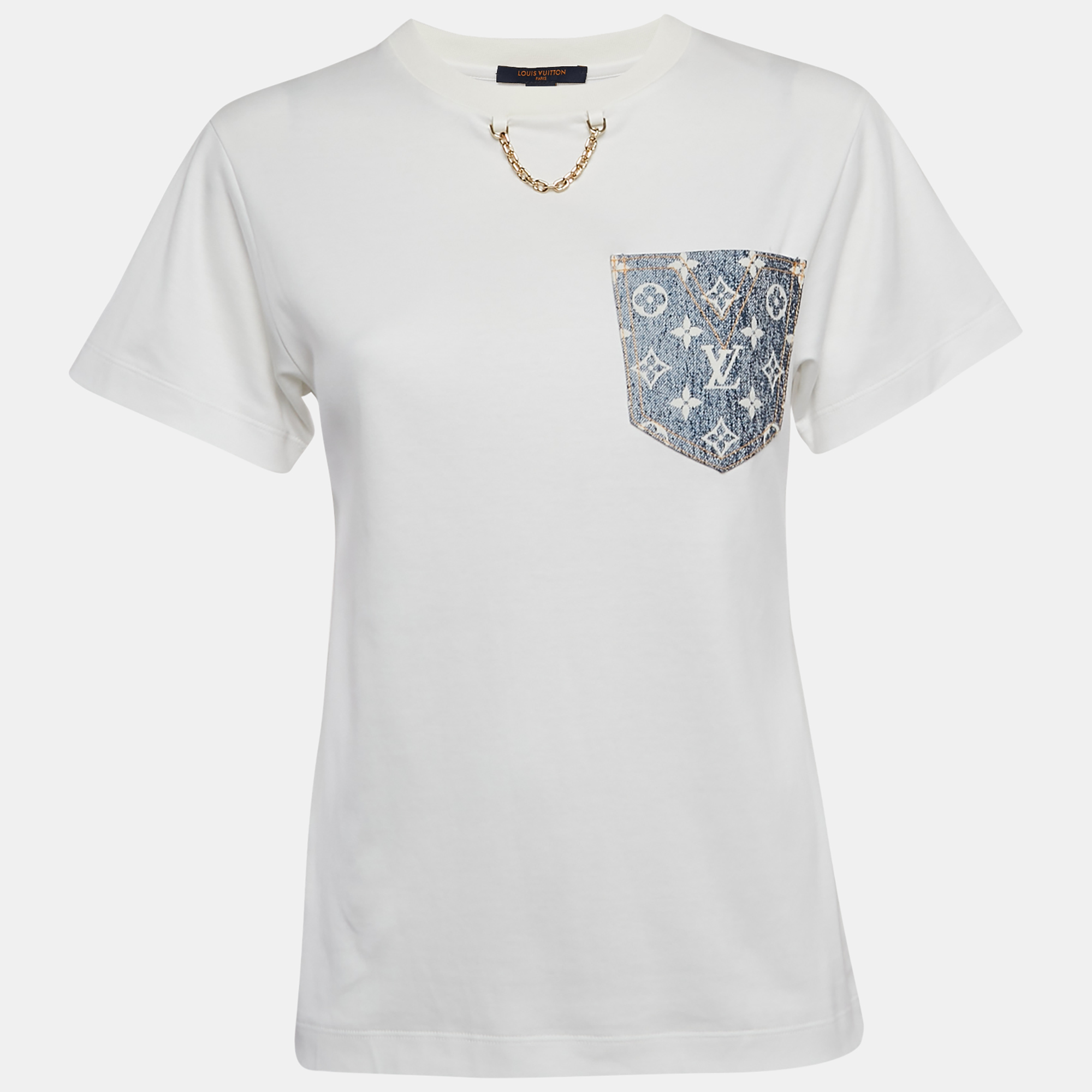 

Louis Vuitton White Cotton Logo Jacquard Denim Pocket Detail T-Shirt XS