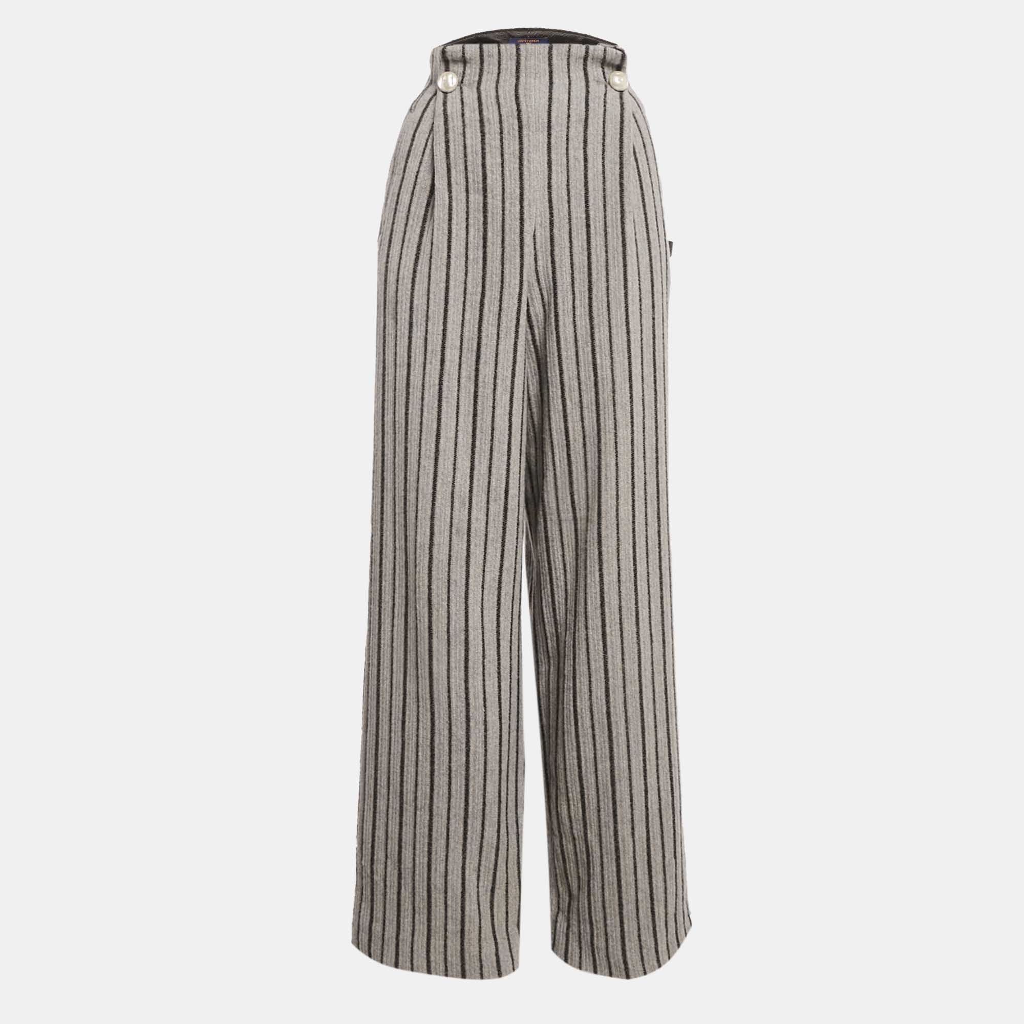 

Louis Vuitton Grey Striped Wool High-Waist Wide Leg Trousers M