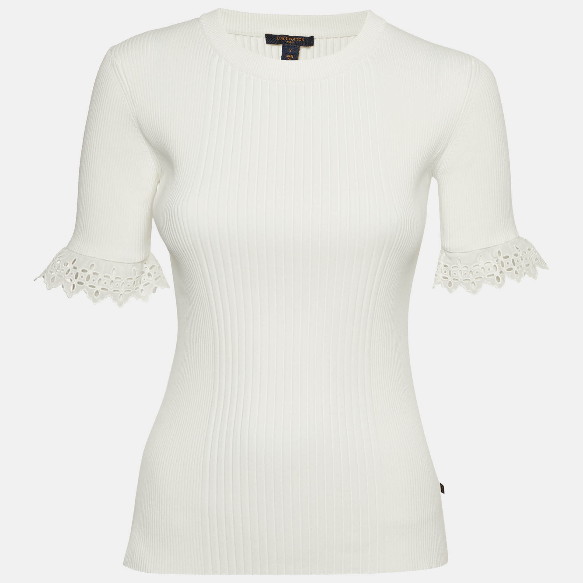 

Louis Vuitton White Broderie Anglaise Trim Rib Knit Top S