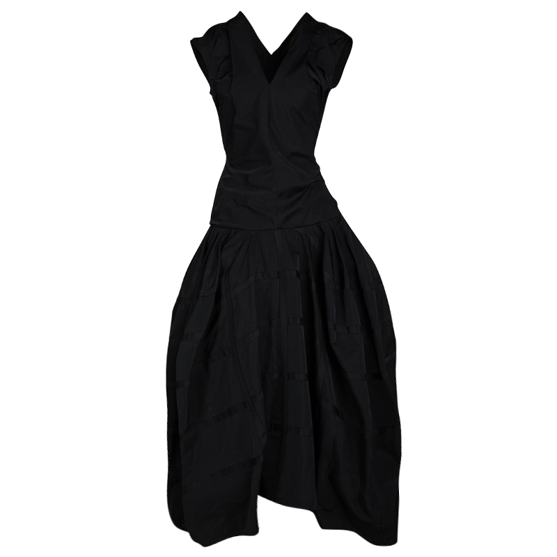 Louis Vuitton Black V Neck Sleeveless Midi Puff Dress M