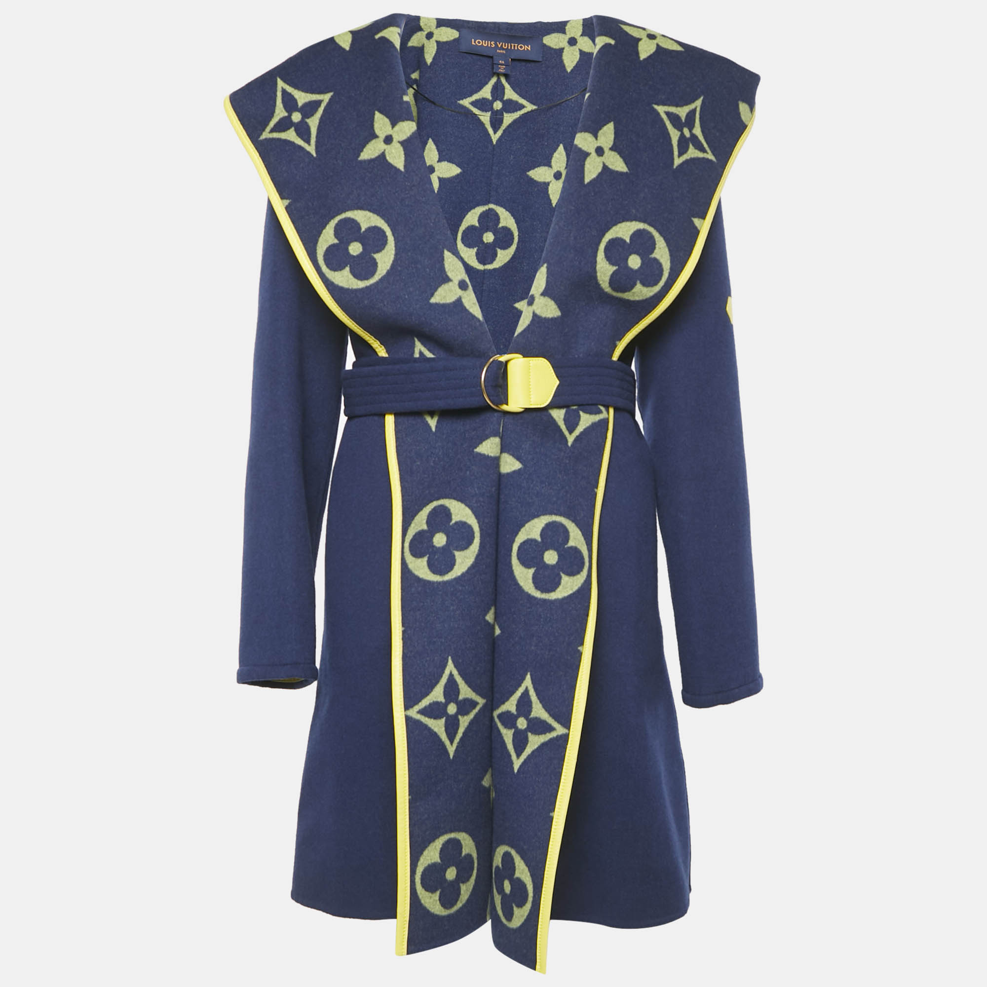 

Louis Vuitton Navy Blue Monogram Collar Wool Felt Belted Coat L