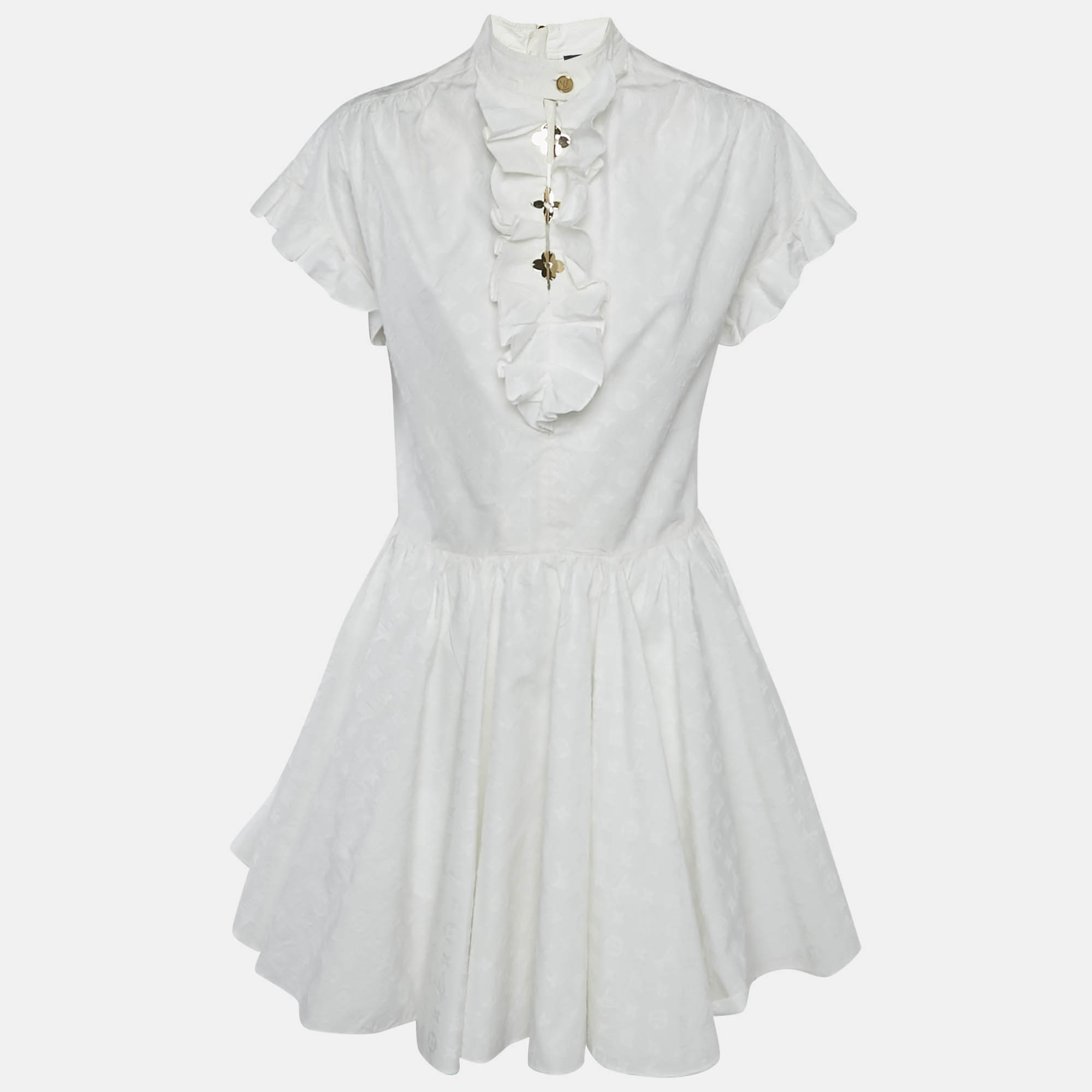

Louis Vuitton White Logo Dobby Cotton Ruffled Mini Dress M