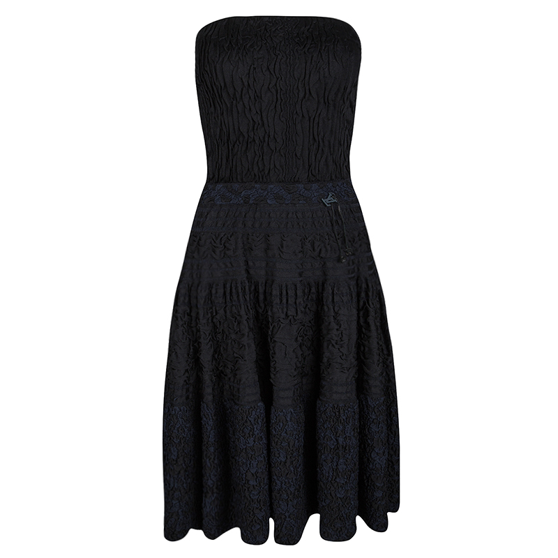 Louis Vuitton Black and Navy Blue Puckered Effect Silk Knit Strapless Dress S Louis Vuitton ...
