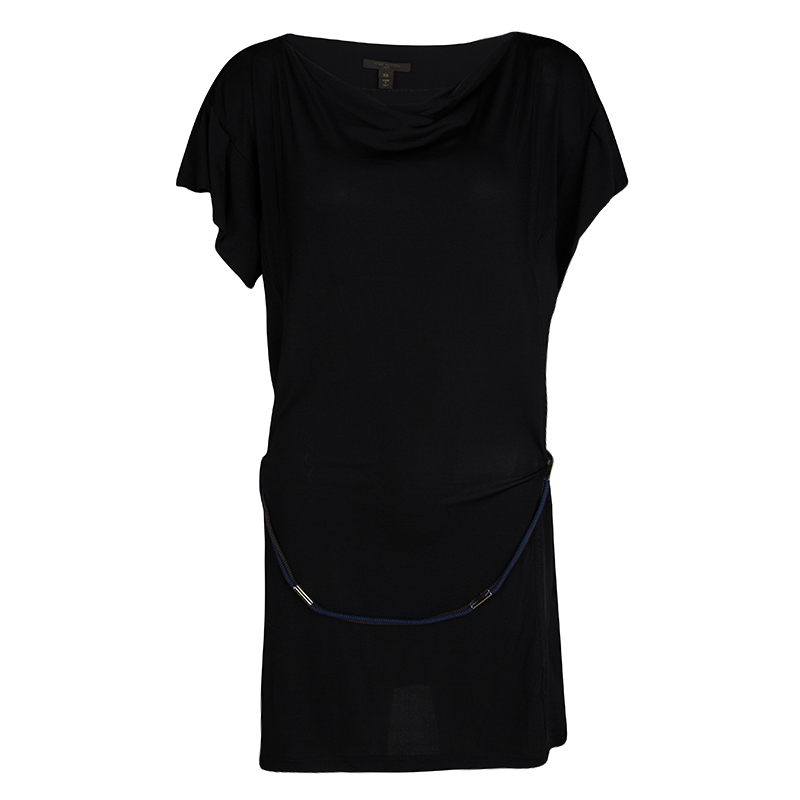 فستان جيرسيه لوي فيتون أسود بديرابيه وربطة مزينة XS