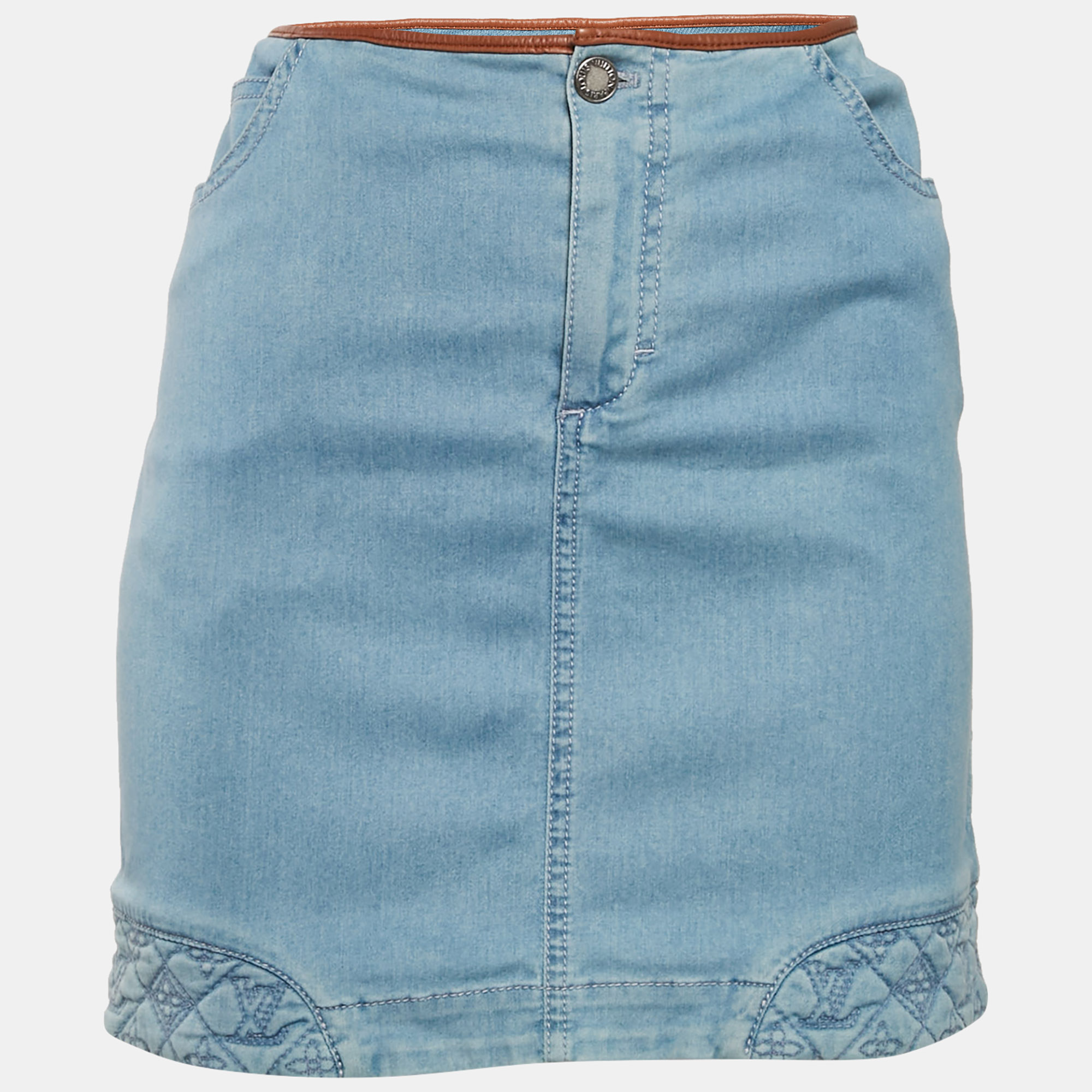 

Louis Vuitton Blue Denim Logo Quilt Detail Mini Skirt M Waist: 29”