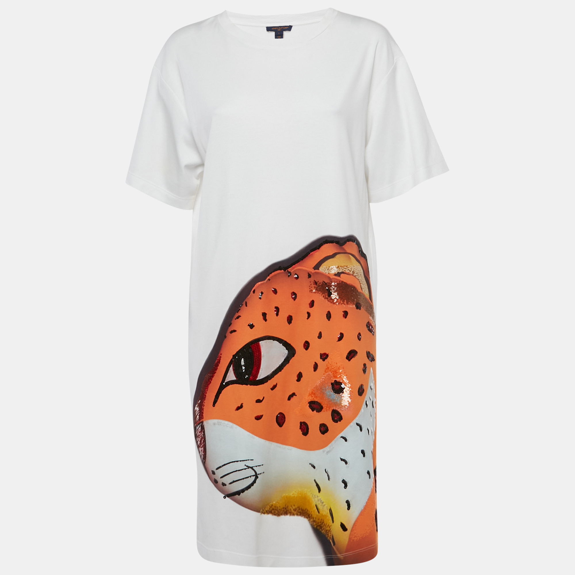 

Louis Vuitton White Sequins Leopard Print Jersey T-Shirt Dress L