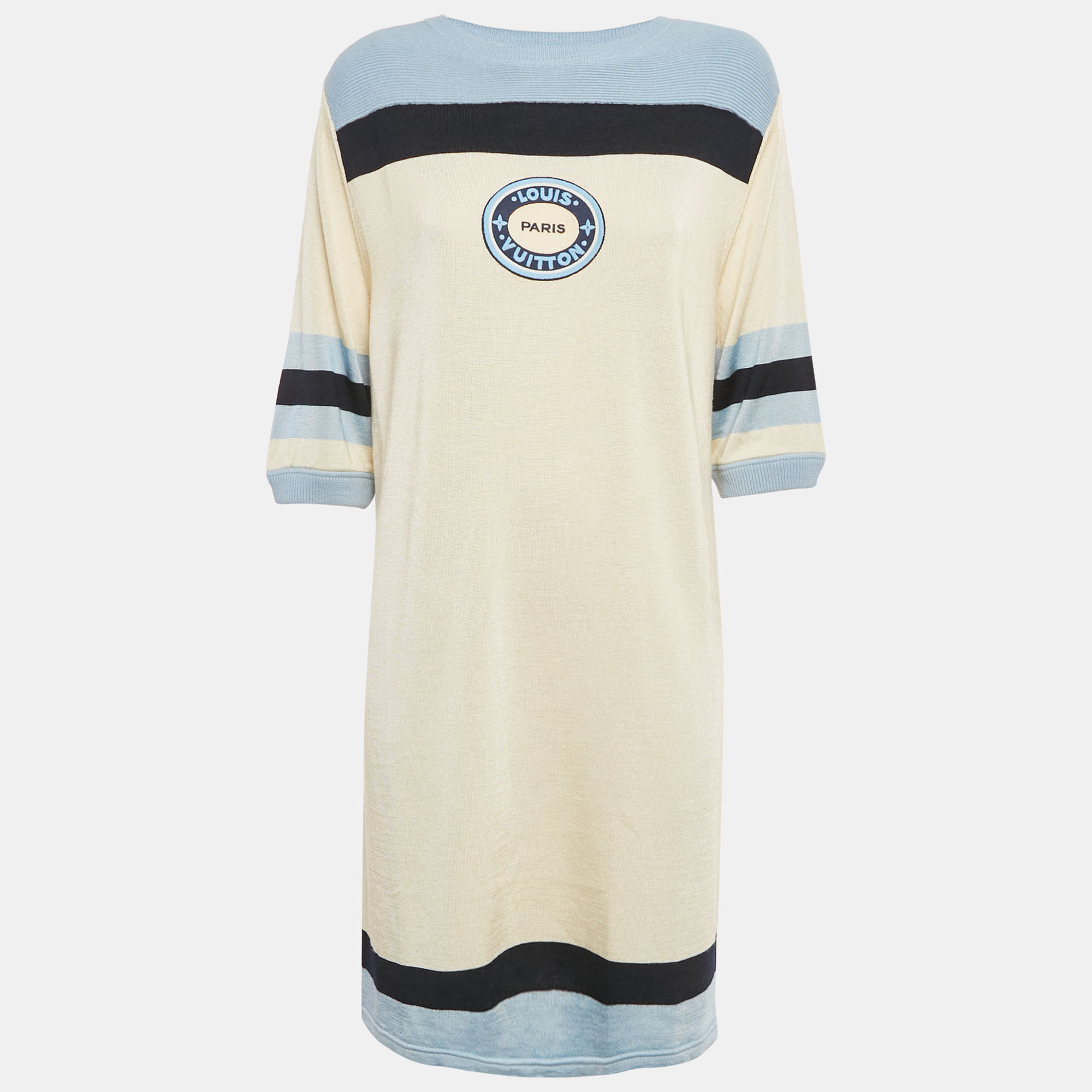 Louis vuitton Cream/Blue Applique Stretch Knit T-Shirt Dress L