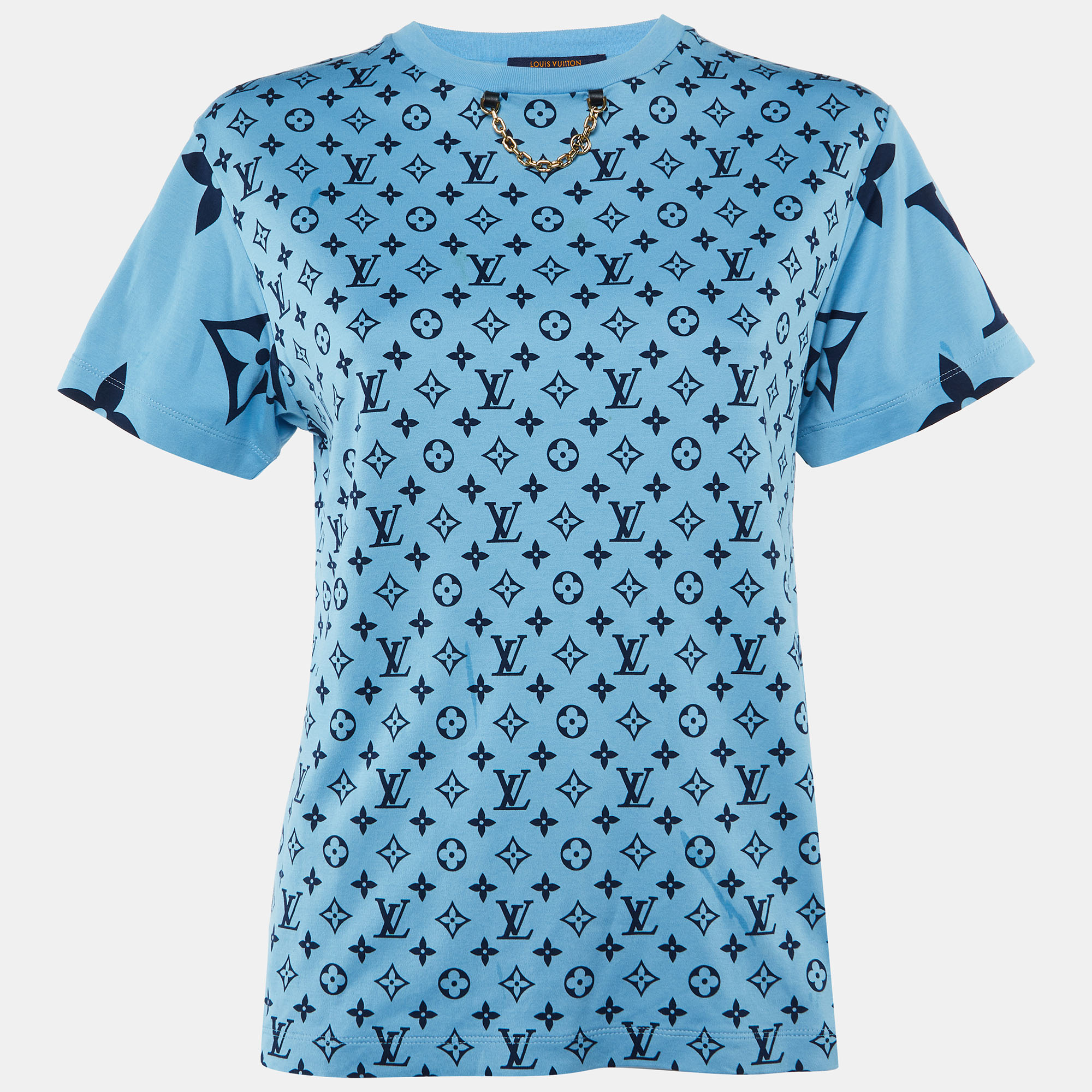 Pre-owned Louis Vuitton Blue Logo Printed Cotton Knit T-shirt S