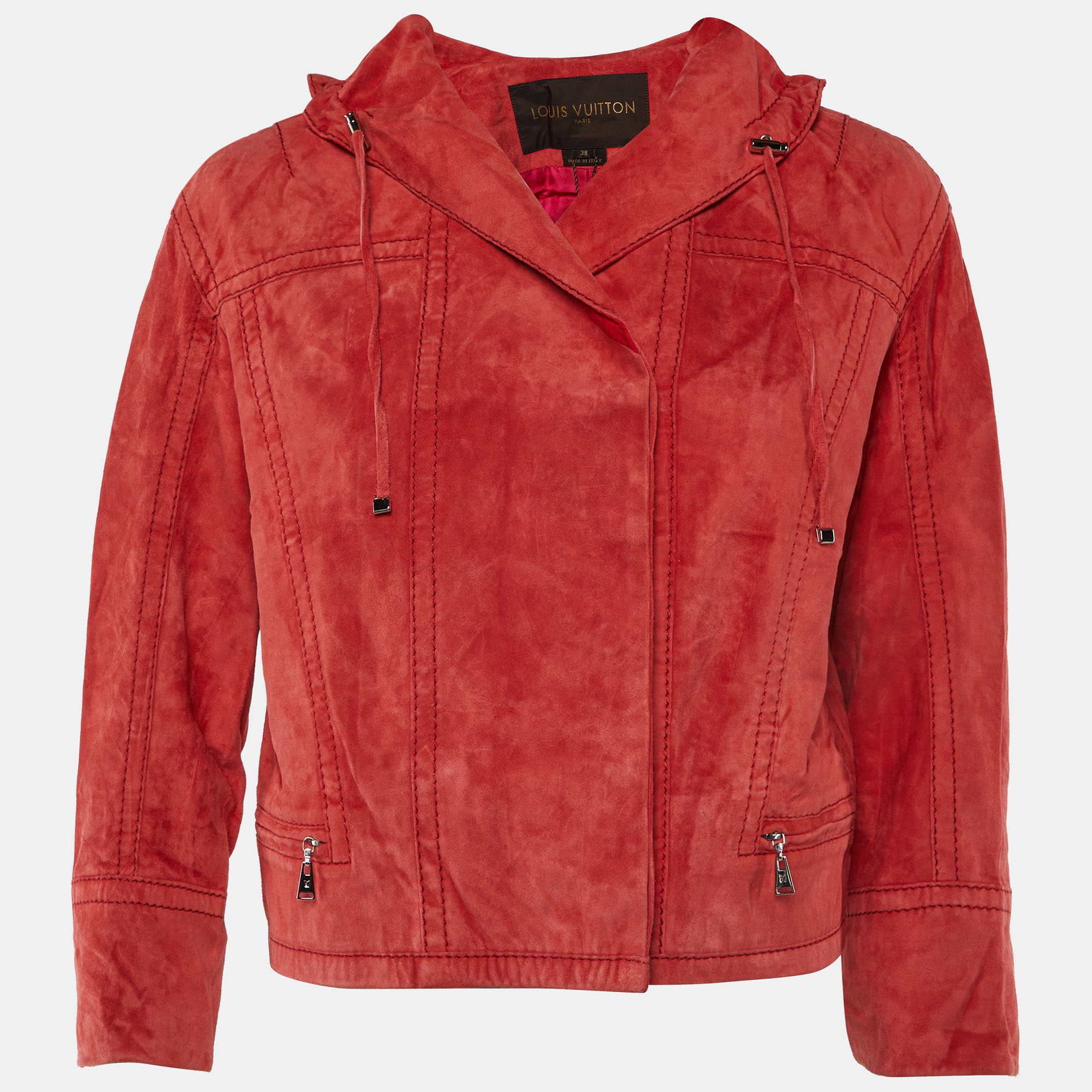 Pre-owned Louis Vuitton Red Suede Ruffled Neck Zip Front Jacket M
