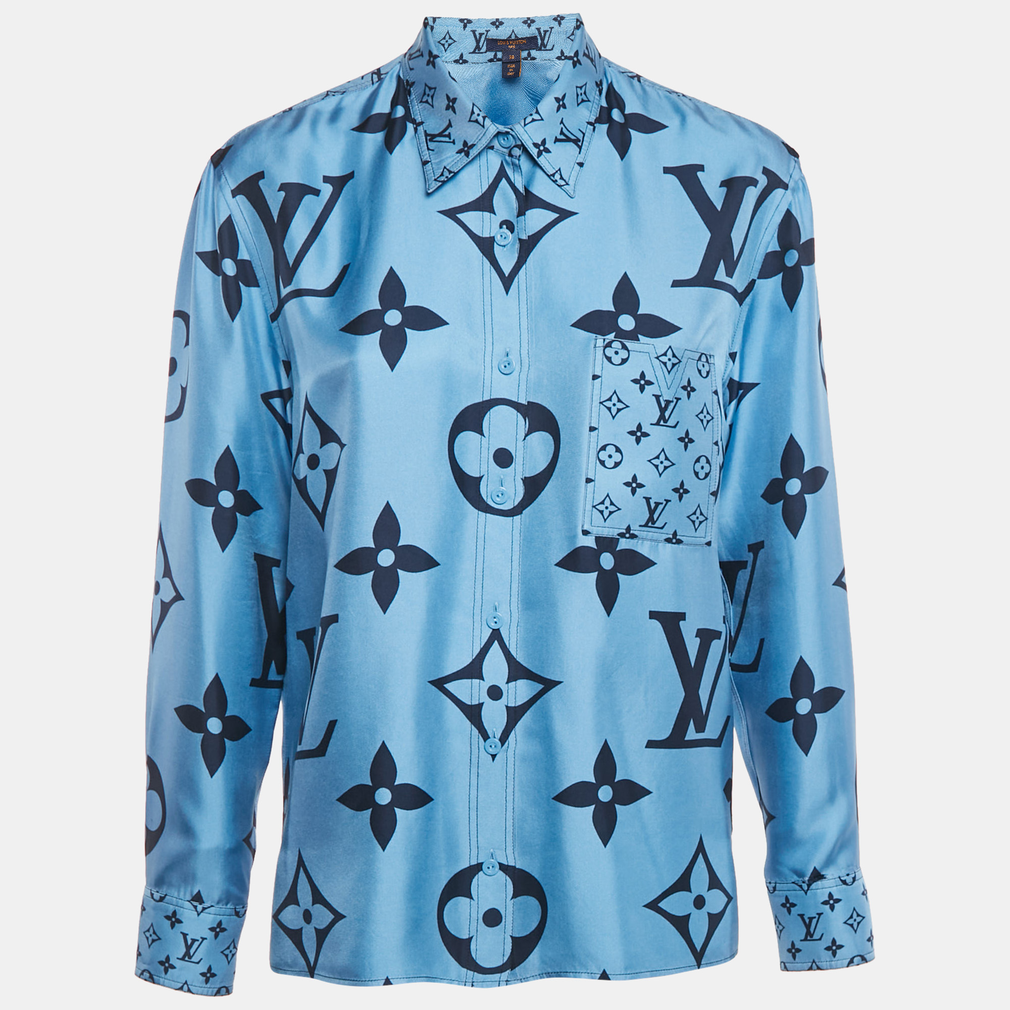 Pre-owned Louis Vuitton Blue Giant Monogram Print Silk Button Front Shirt M
