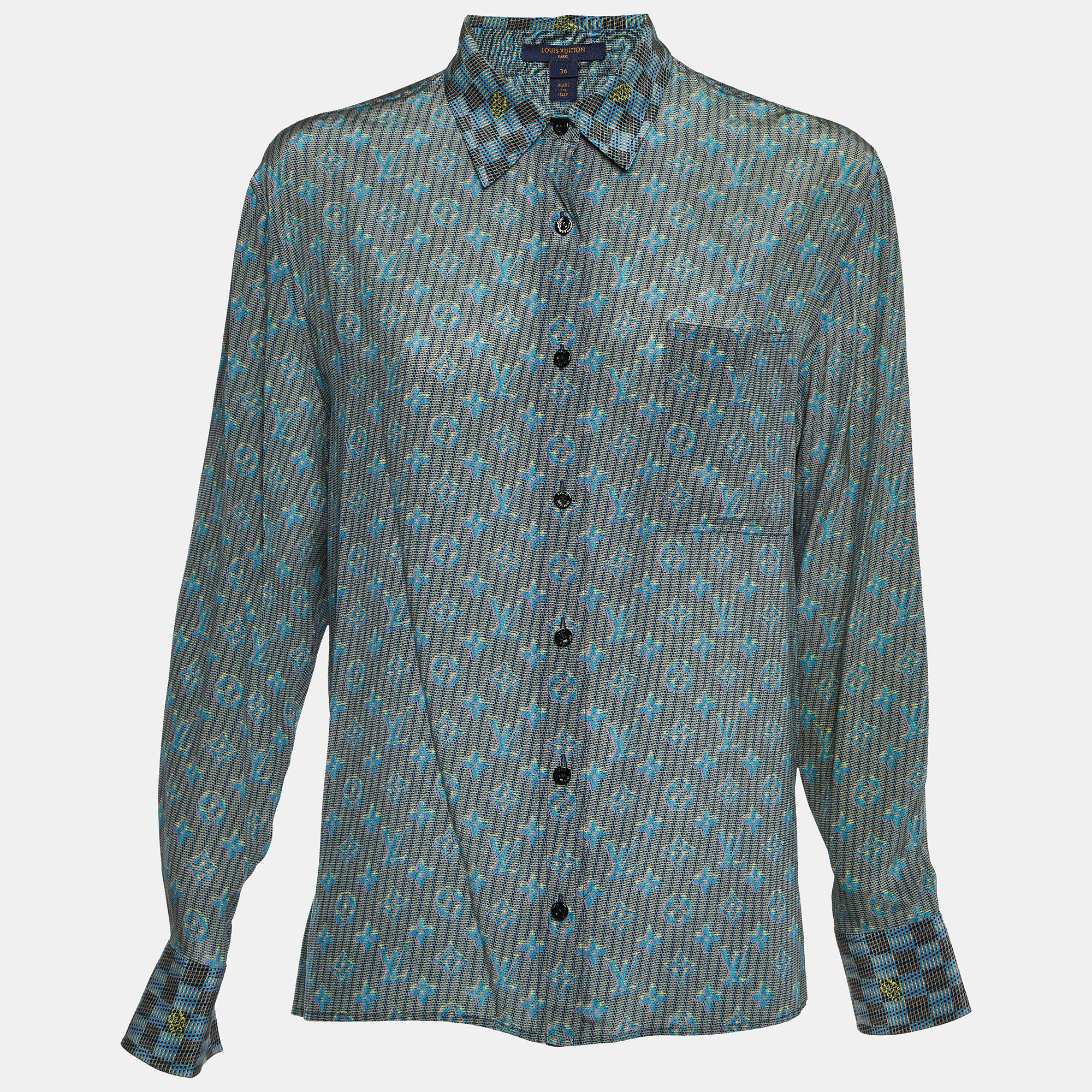 

Louis Vuitton Blue Logo Print Silk Button Front Shirt S