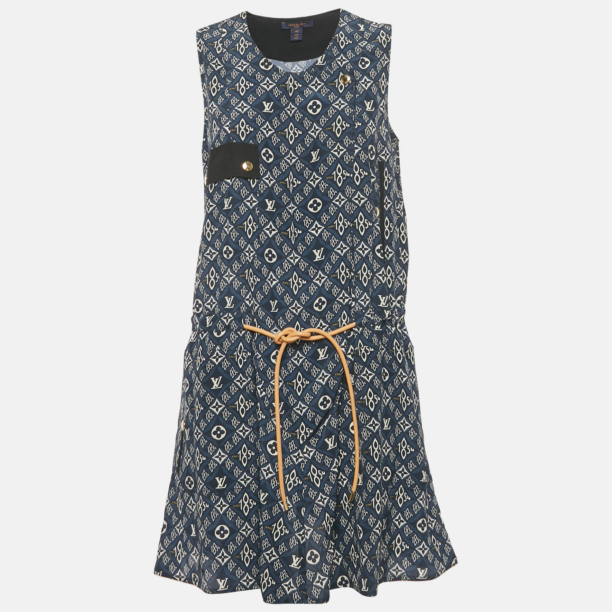 

Louis Vuitton Navy Blue Logo Print Silk Sleeveless Mini Dress M