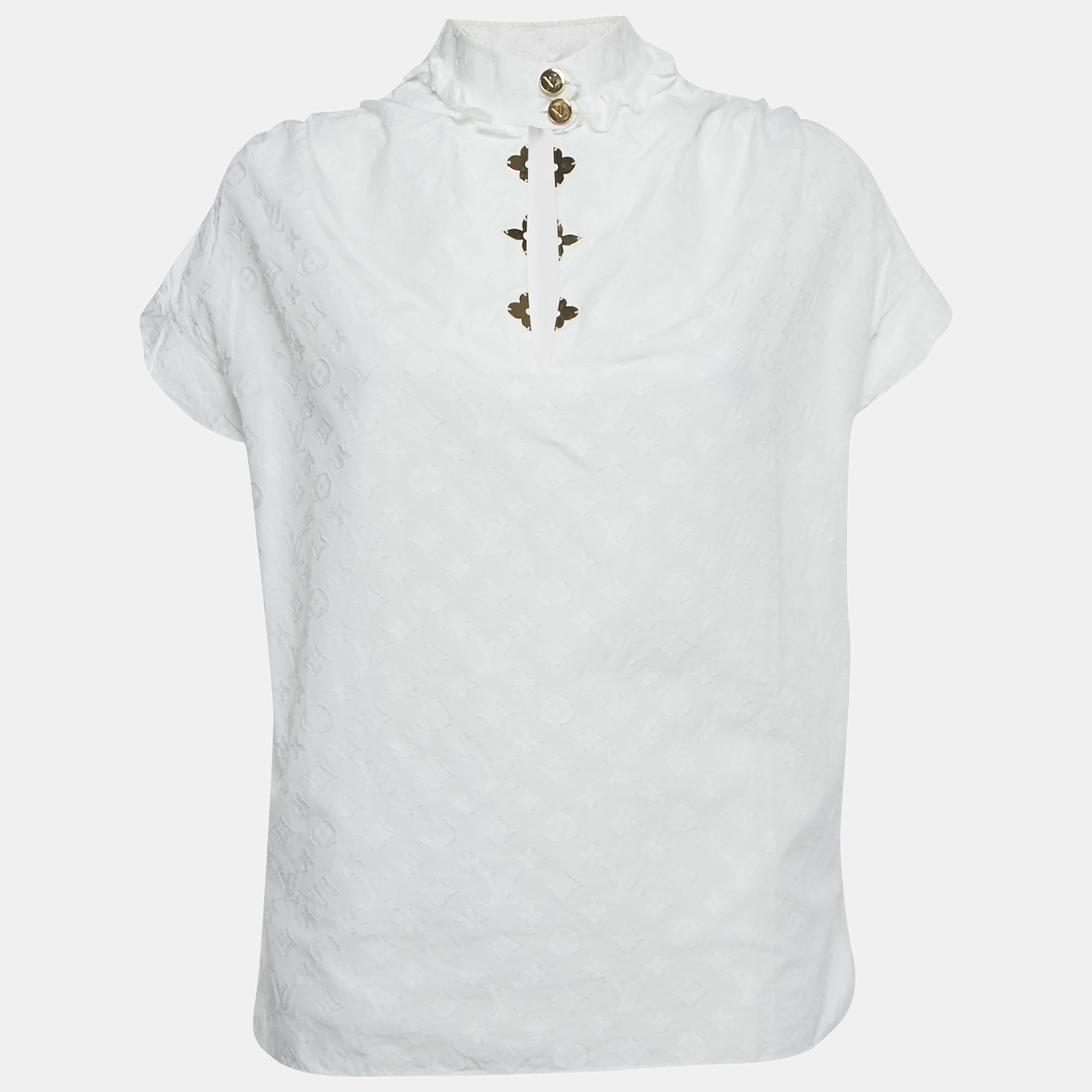 

Louis Vuitton white Monogram Fil Coupe Cotton Frill Blouse S